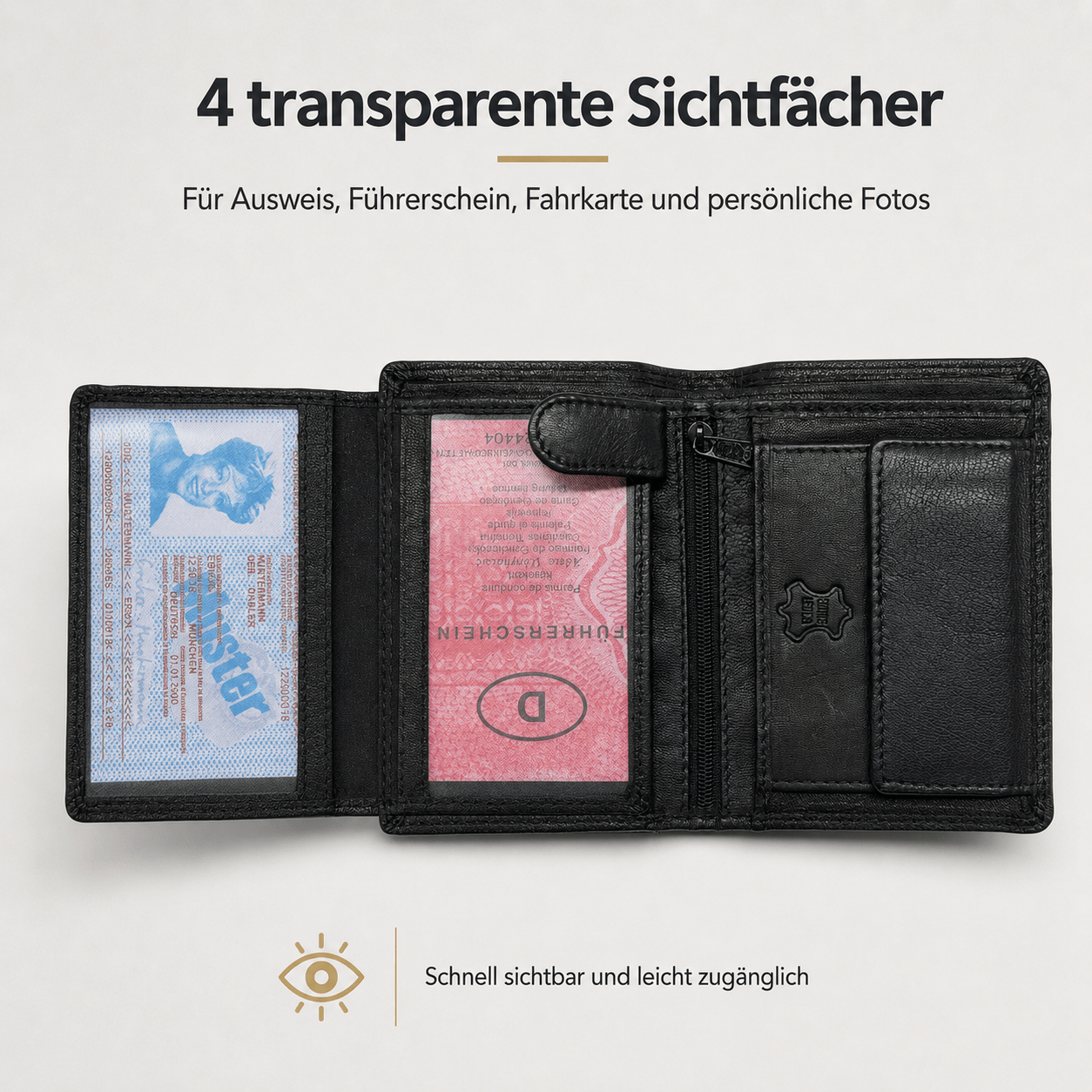 Herren Portemonnaie aus Echtleder, Klassisches Schwarz für Camping und Reisen – Detailansicht 5
