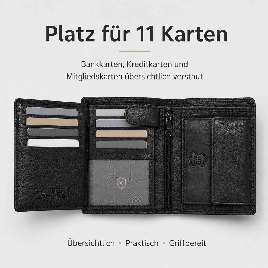 Herren Portemonnaie aus Echtleder, Klassisches Schwarz für Camping und Reisen – Detailansicht 12