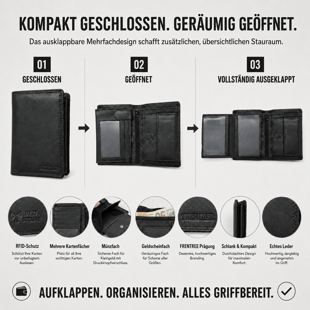 Herren Portemonnaie aus Echtleder, Klassisches Schwarz für Camping und Reisen – Detailansicht 16