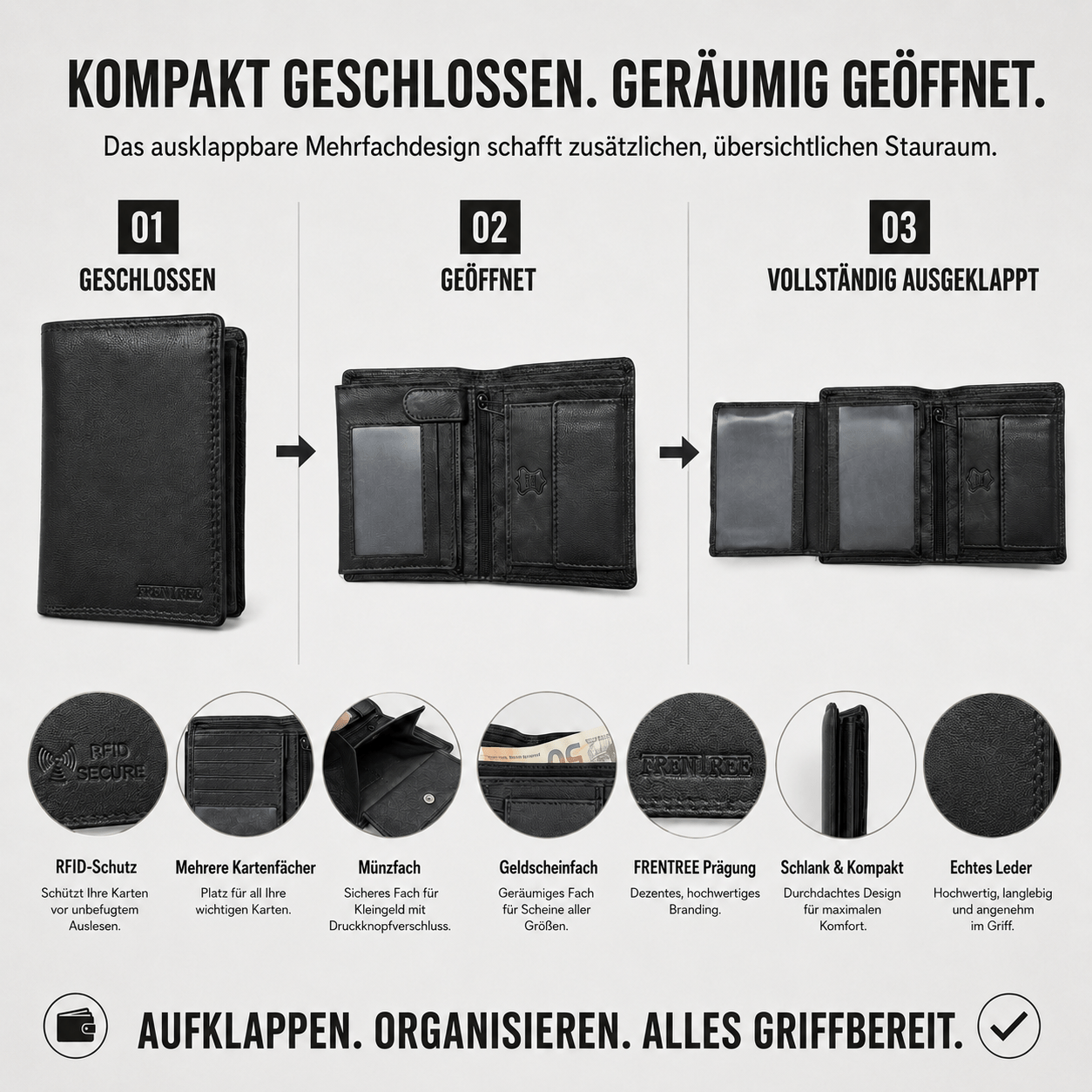 Herren Portemonnaie aus Echtleder, Klassisches Schwarz für Camping und Reisen – Detailansicht 16