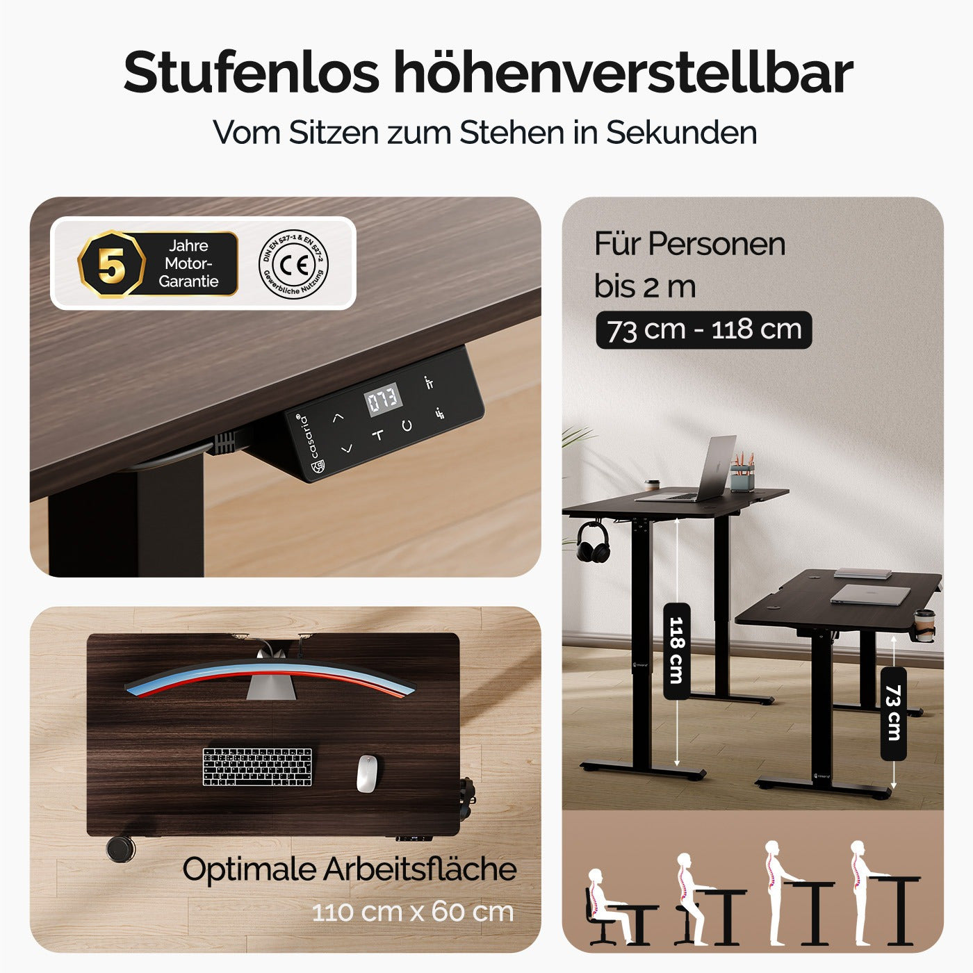 Höhenverstellbarer Schreibtisch, 110cm für Arbeitszimmer und Homeoffice – Detailansicht 2