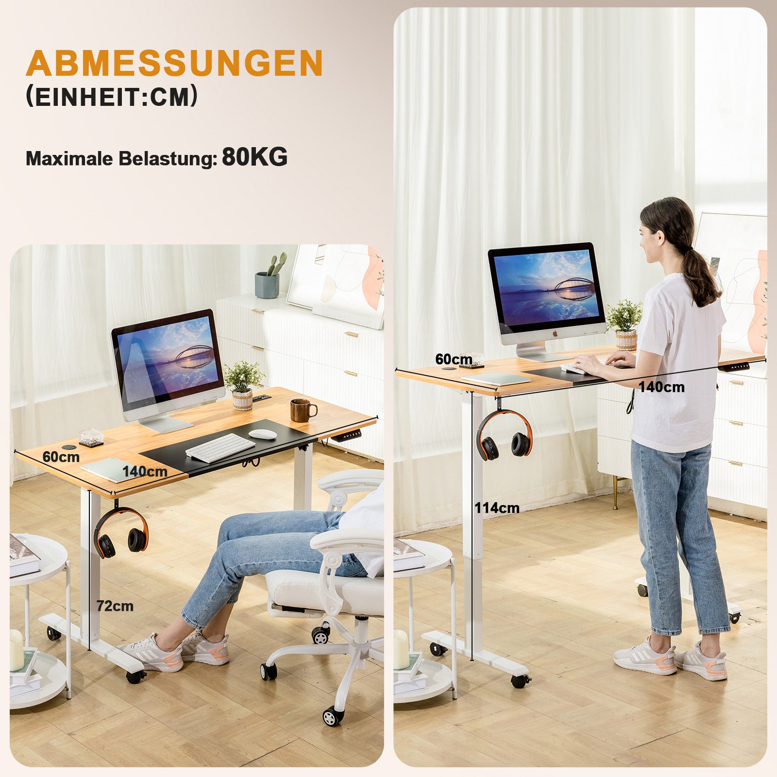 Höhenverstellbarer Schreibtisch, BRAUN für Arbeitszimmer und Homeoffice – Detailansicht 3