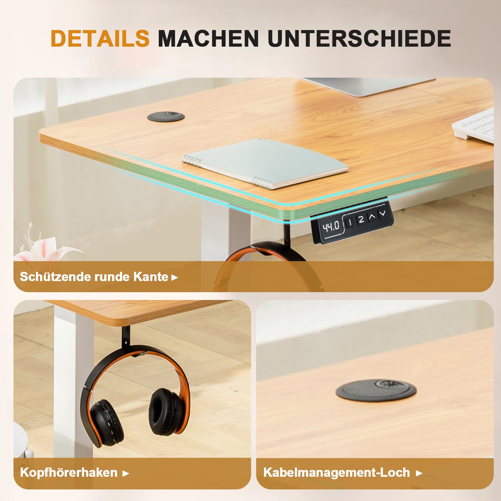 Höhenverstellbarer Schreibtisch, BRAUN für Arbeitszimmer und Homeoffice – Detailansicht 21