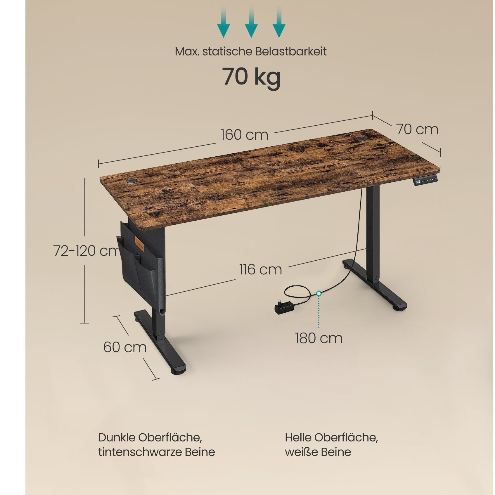 Höhenverstellbarer Schreibtisch, vintagebraun für Arbeitszimmer und Homeoffice – Detailansicht 4