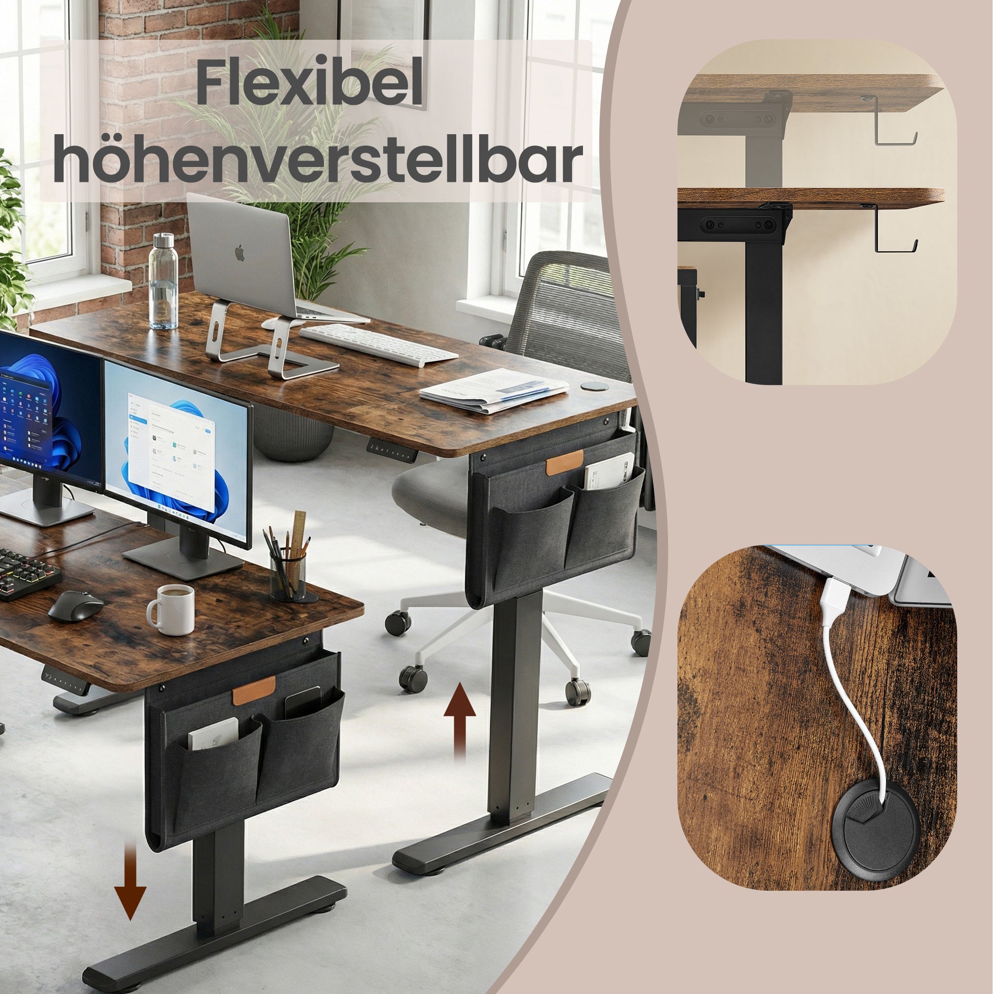 Höhenverstellbarer Schreibtisch, vintagebraun für Arbeitszimmer und Homeoffice – Detailansicht 7