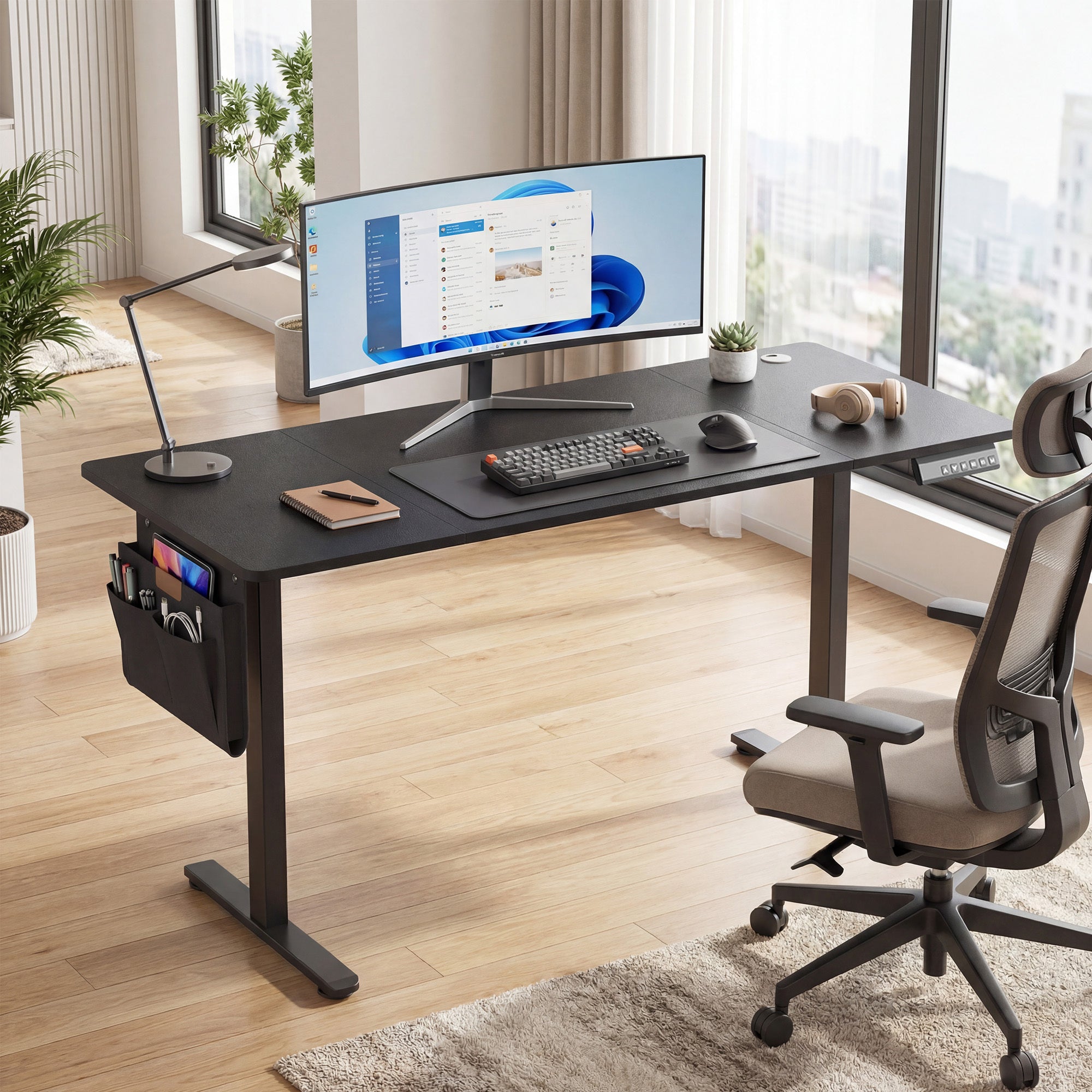 Höhenverstellbarer Schreibtisch, vintagebraun für Arbeitszimmer und Homeoffice – Detailansicht 10