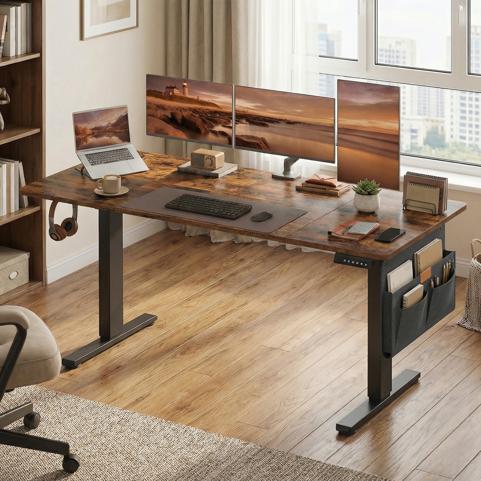 Höhenverstellbarer Schreibtisch, vintagebraun für Arbeitszimmer und Homeoffice – Detailansicht 19