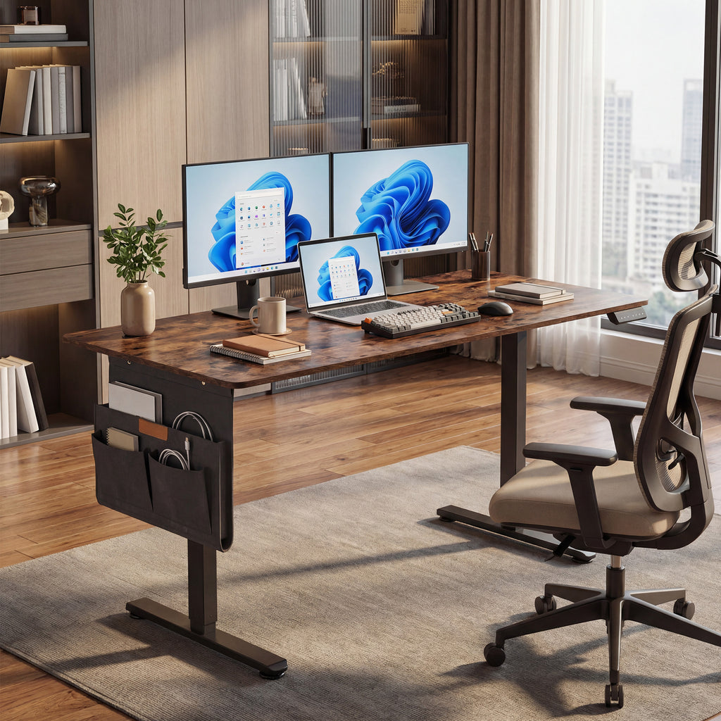 Höhenverstellbarer Schreibtisch, vintagebraun für Arbeitszimmer und Homeoffice – Detailansicht 20