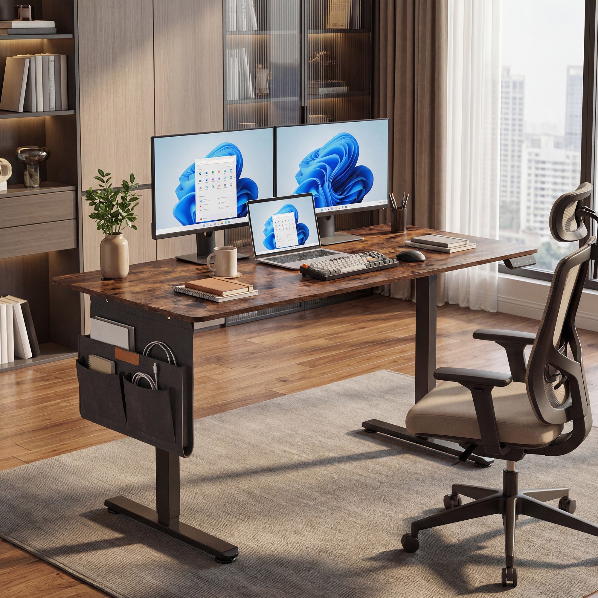 Höhenverstellbarer Schreibtisch, vintagebraun für Arbeitszimmer und Homeoffice – Detailansicht 20
