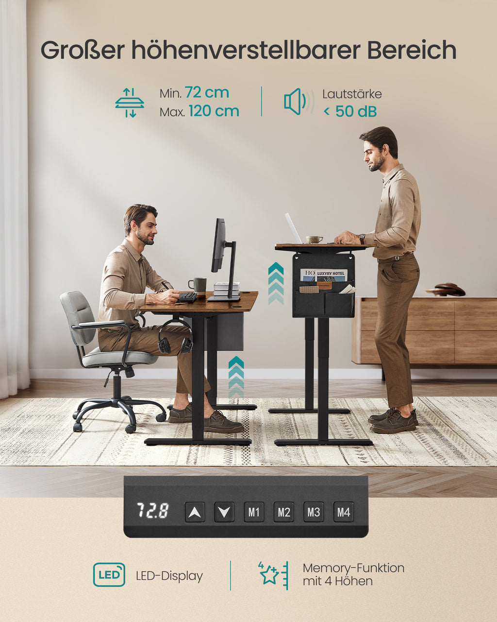 Höhenverstellbarer Schreibtisch, vintagebraun für Arbeitszimmer und Homeoffice – Detailansicht 25