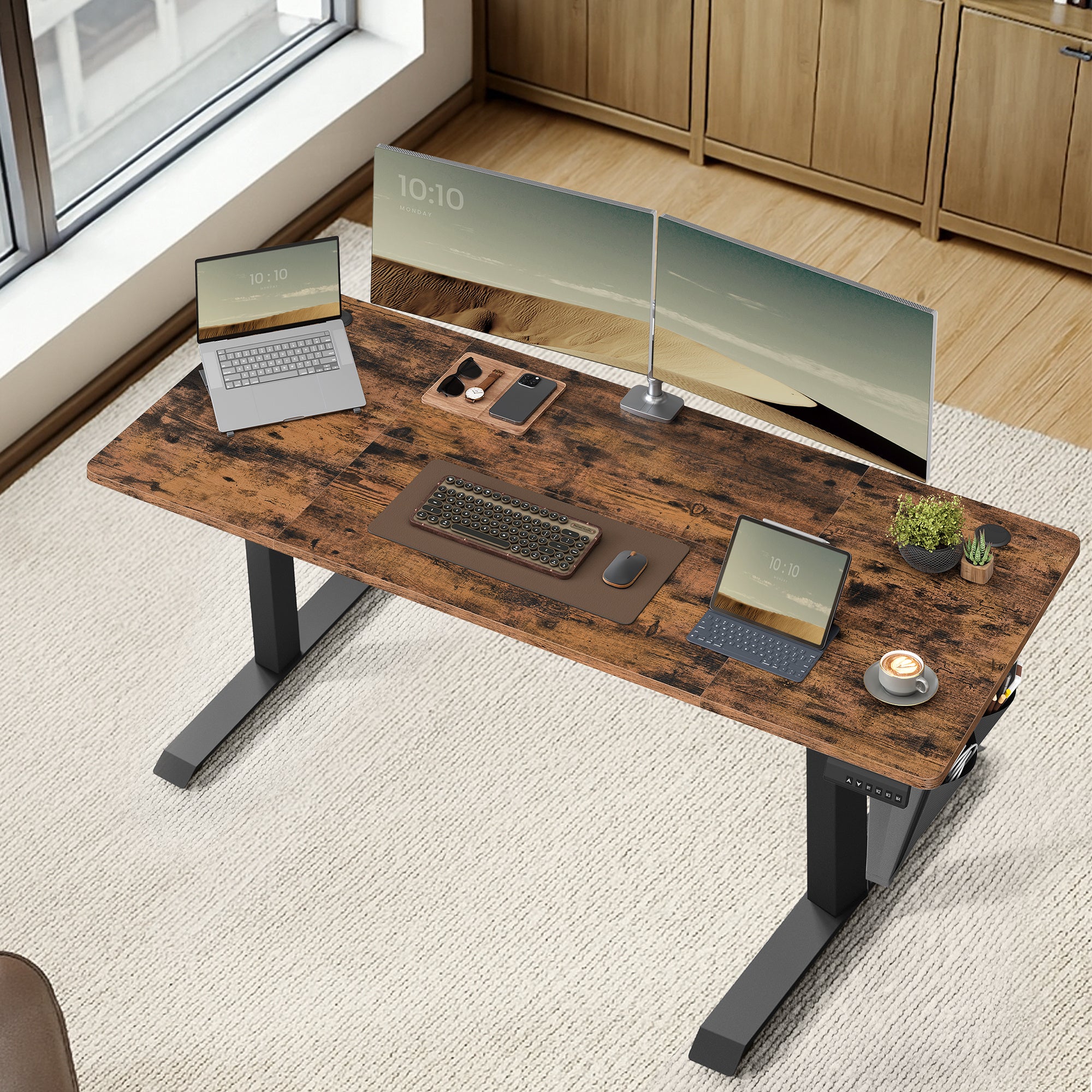 Höhenverstellbarer Schreibtisch, vintagebraun für Arbeitszimmer und Homeoffice – Detailansicht 33