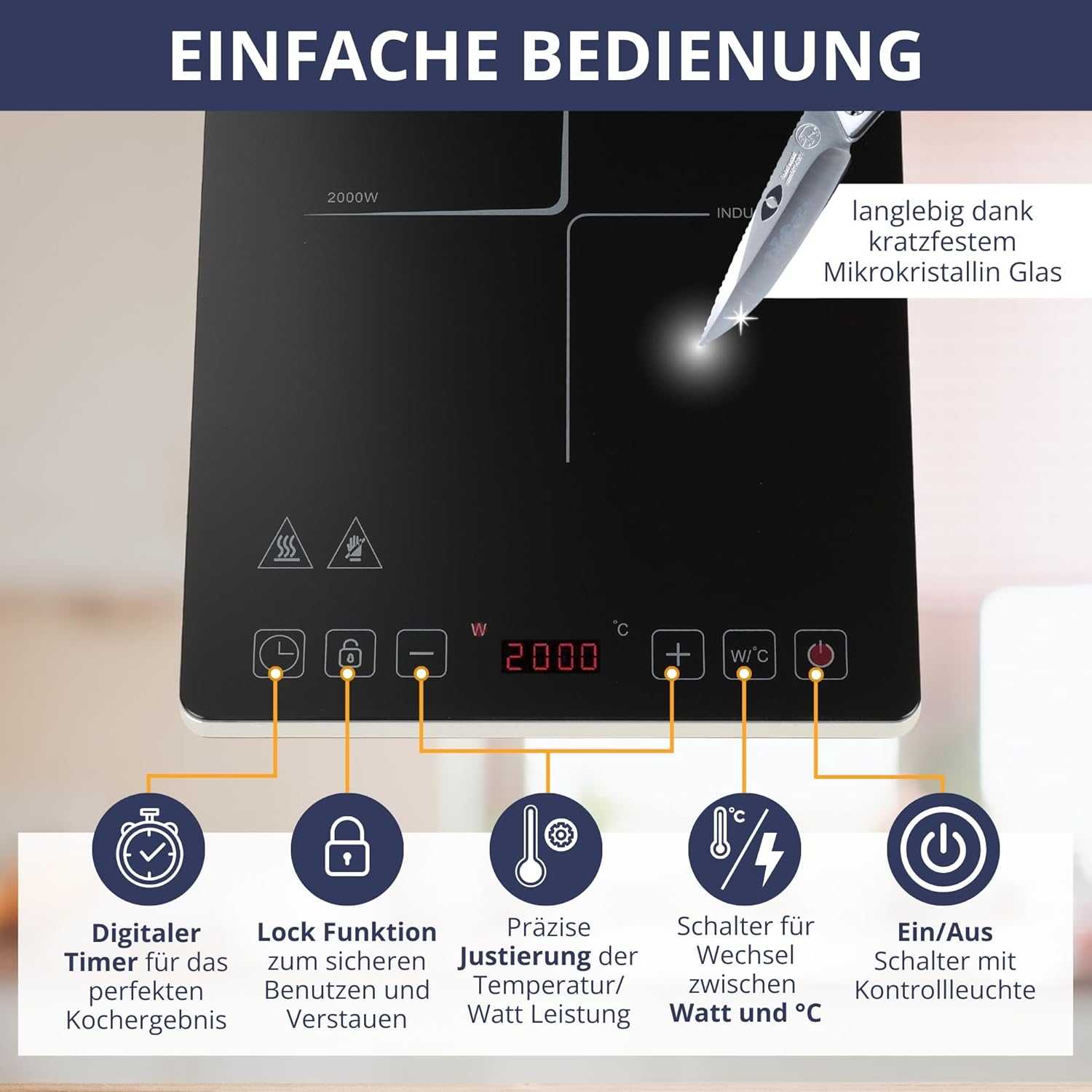 Induktionskochplatte, 2000 W für Alltag und Zuhause – Detailansicht 2