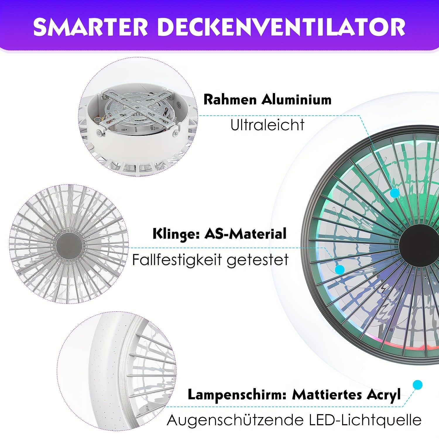 Intelligente Deckenventilator-Leuchte, 50W für Schlafzimmer und Bett – Detailansicht 10