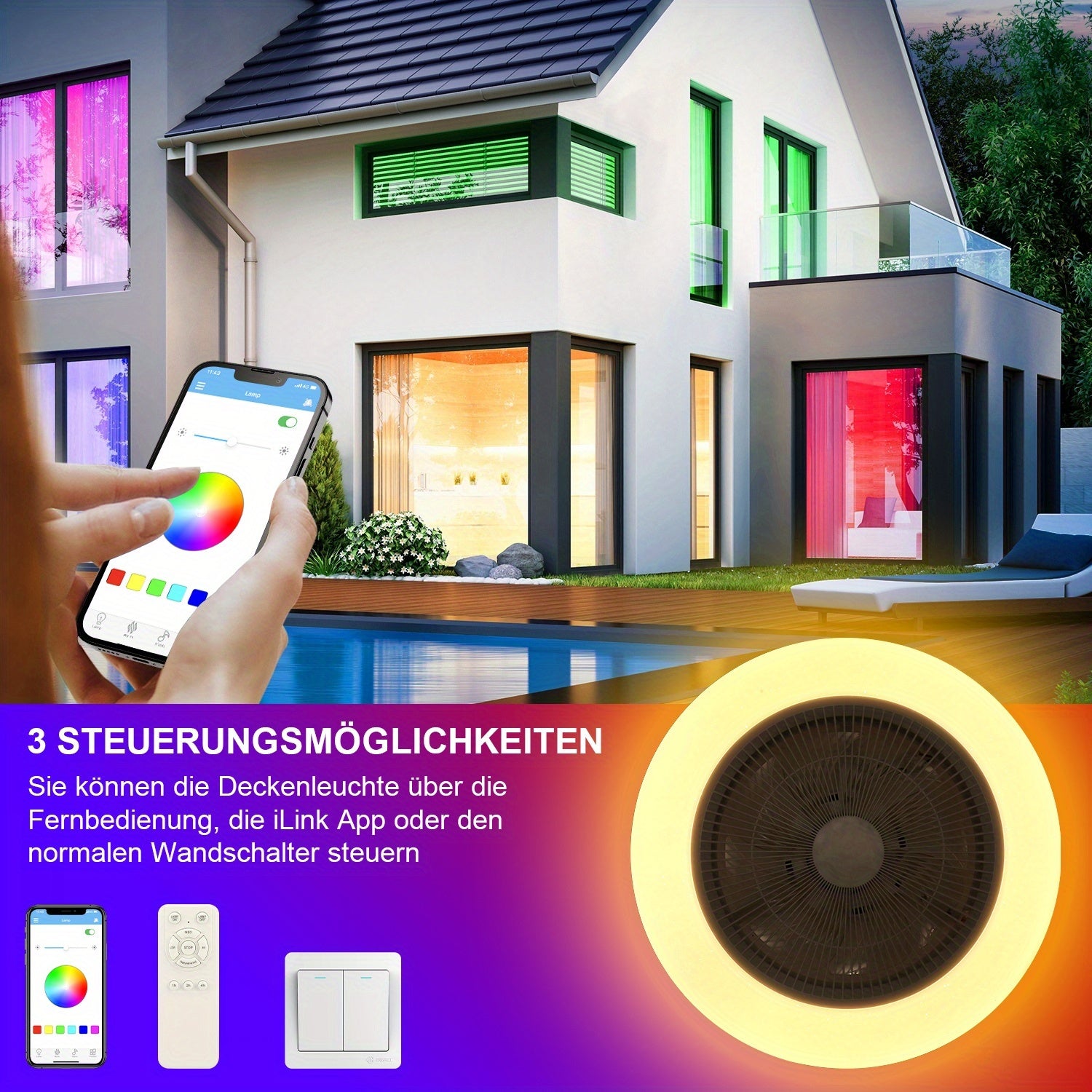 Intelligente Deckenventilator-Leuchte, 50W für Schlafzimmer und Bett – Detailansicht 12