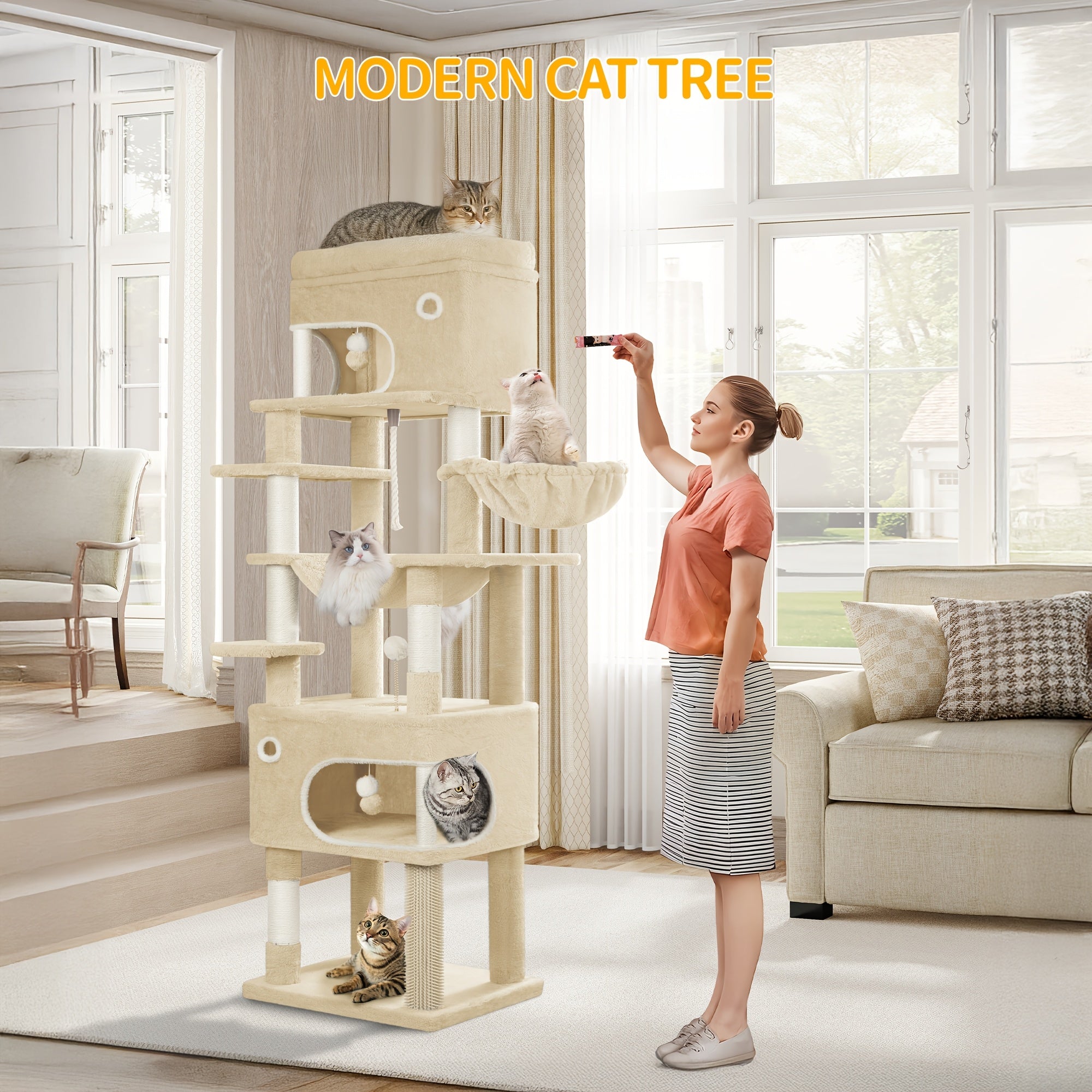 Katzen-Kratzbaum, 178 cm Katzenhaus mit großer Plattform für Zuhause und alle Katzenrassen in Hellgrau – Detailansicht 10
