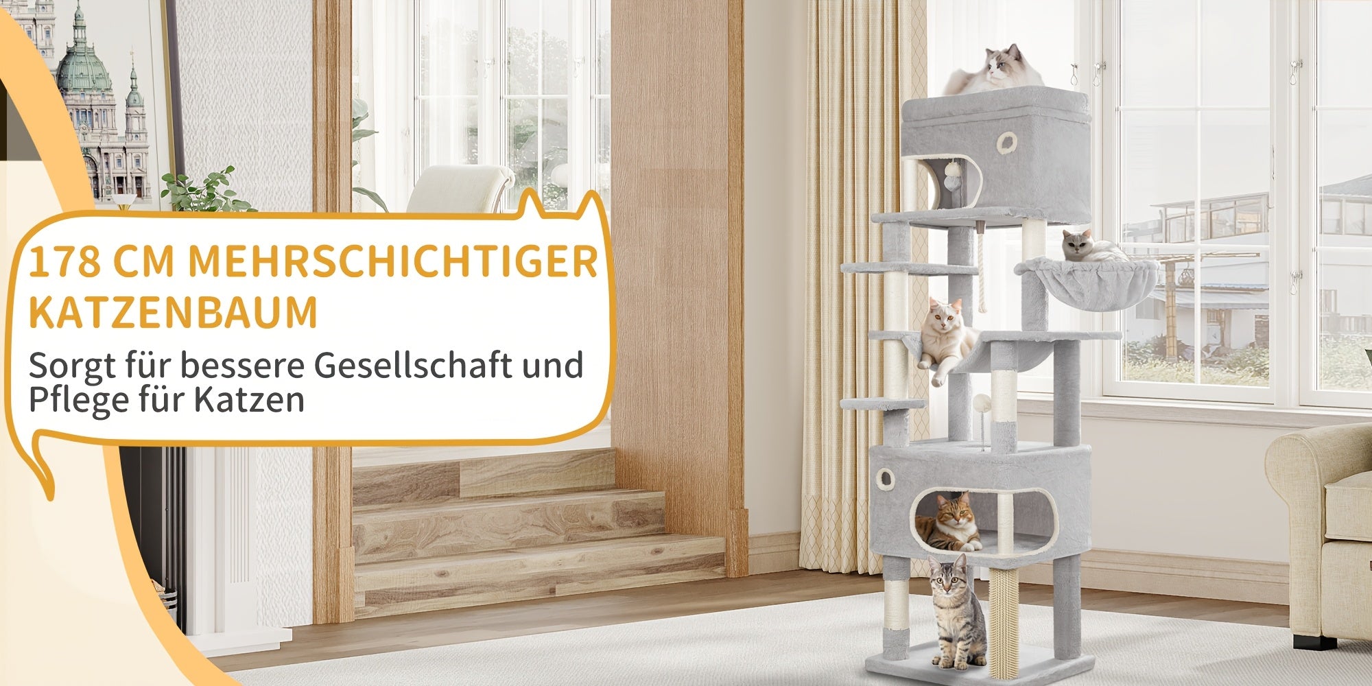 Katzen-Kratzbaum, 178 cm Katzenhaus mit großer Plattform für Zuhause und alle Katzenrassen in Hellgrau – Detailansicht 16