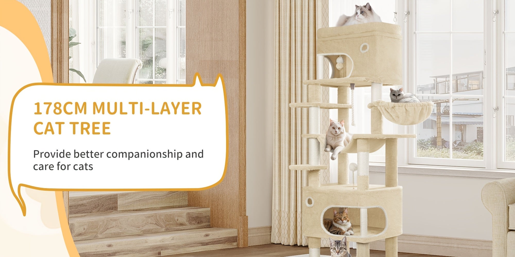 Katzen-Kratzbaum, 178 cm Katzenhaus mit großer Plattform für Zuhause und alle Katzenrassen in Hellgrau – Detailansicht 17