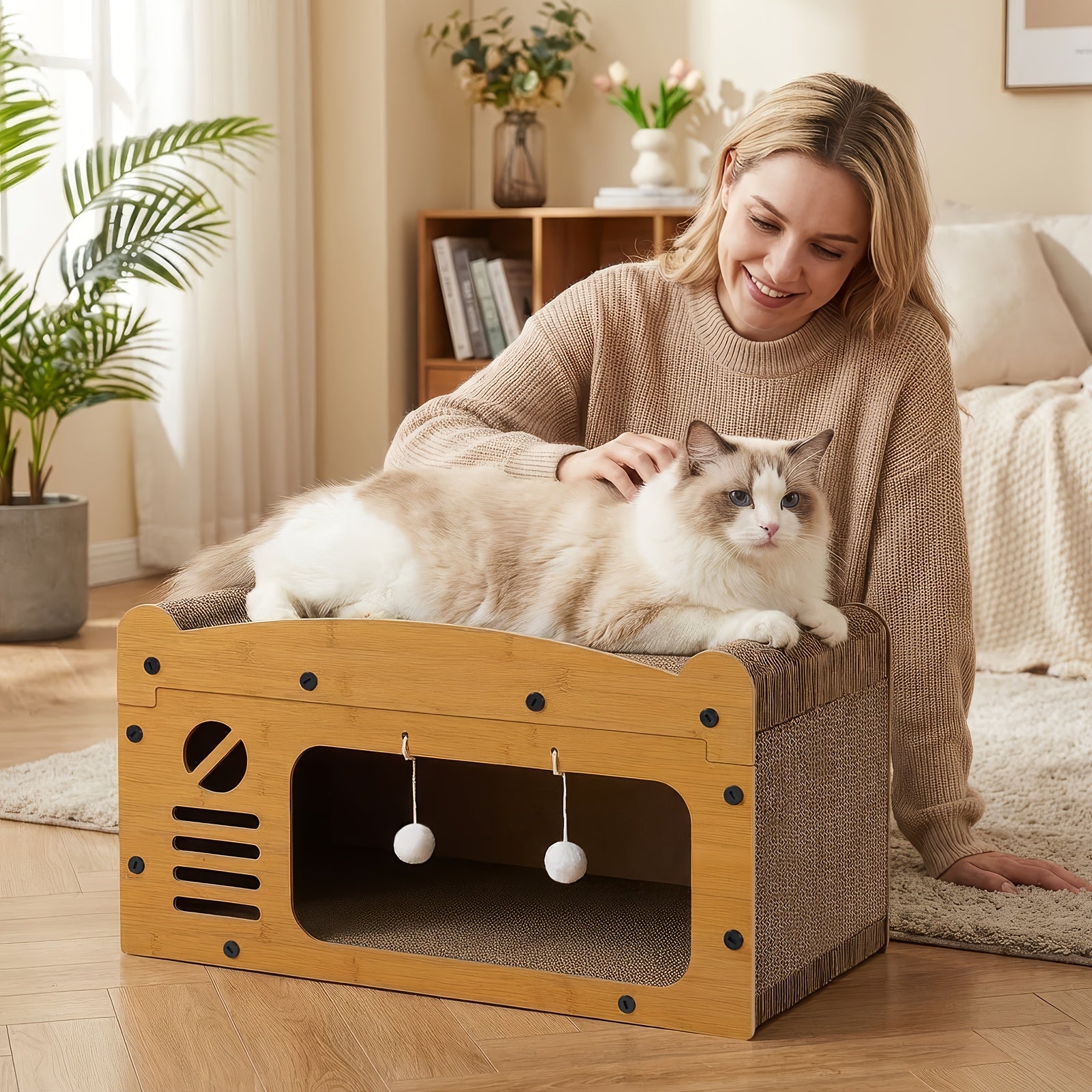 Katzen-Kratzbaum, Holzfarbe für Schlafen und Entspannen – Detailansicht 5