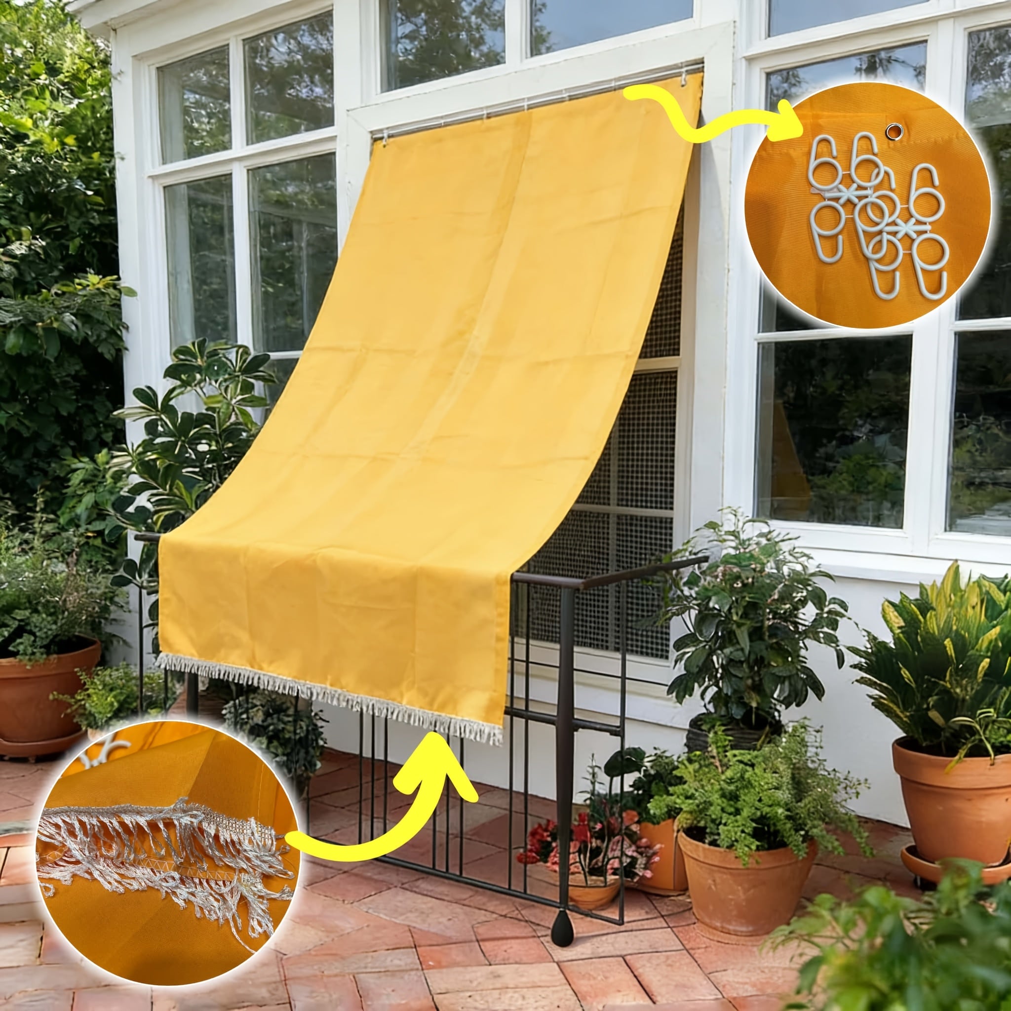 Klassischer einfarbiger Outdoor-Vorhang, Gelb für Garten und Terrasse – Detailansicht 4
