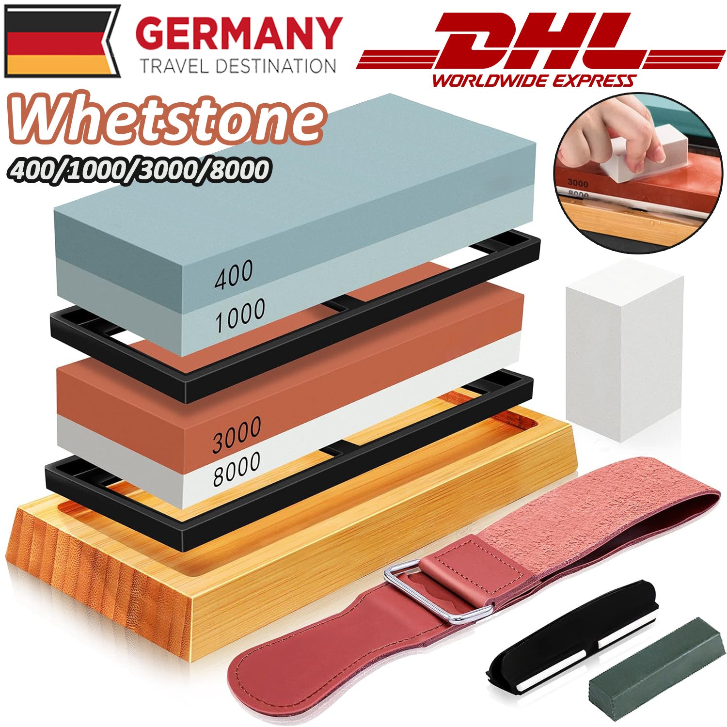 Komplettes Messerschärfstein-Set, Doppelkörnung 400/1000 3000/8000 für Alltag und Zuhause – Detailansicht 9