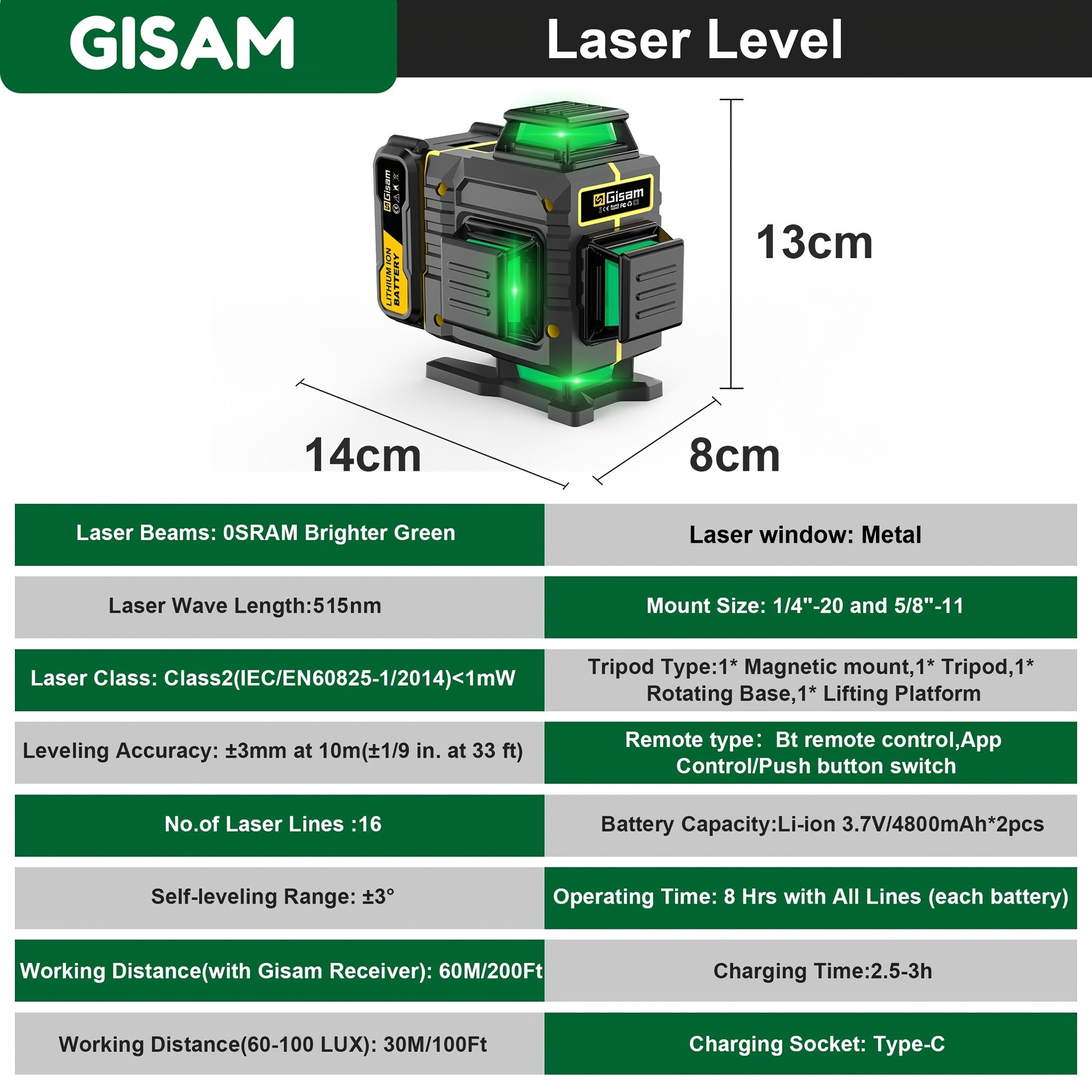 Kreuzlinienlaser, Grüne Linie 4D 16 Linien Laser-Nivelliergerät für Montagearbeiten und Alltag – Detailansicht 4