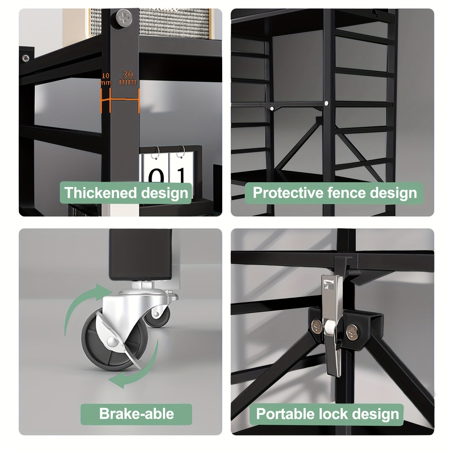 Küchenregal mit Rollen, 3 Schichten Schwarz für Küche und Essbereich – Detailansicht 2