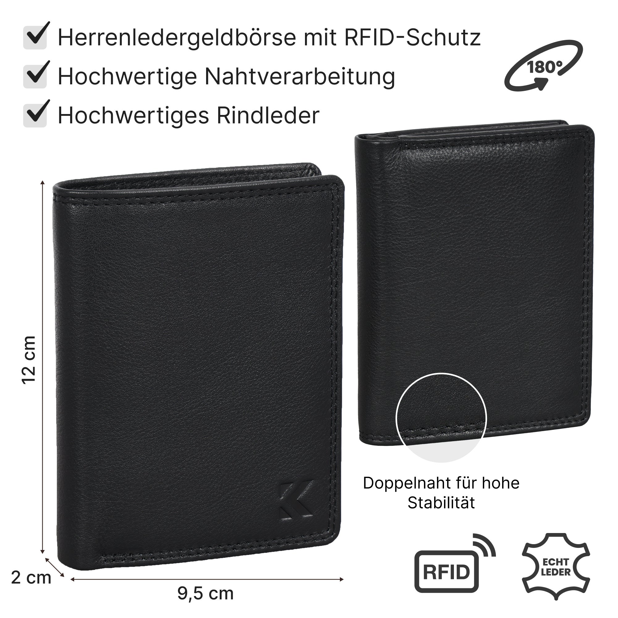 Leder Geldbörse Herren Portemonnaie RFID, 12 x 9,5 x 2 cm für Alltag und Zuhause – Detailansicht 3
