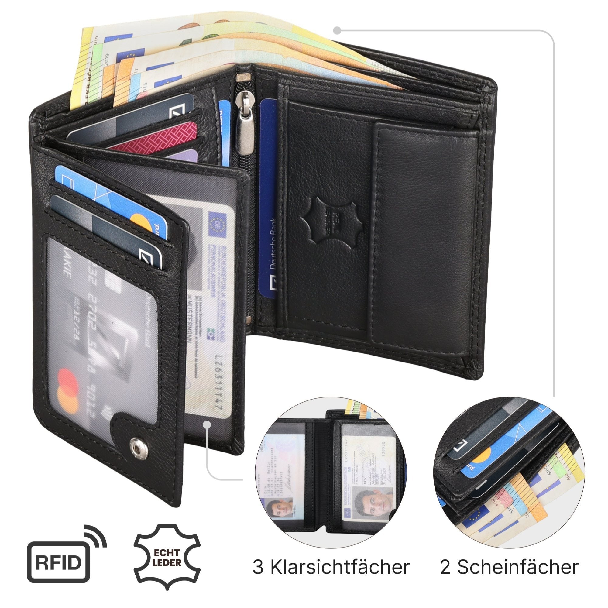 Leder Geldbörse Herren Portemonnaie RFID, 12 x 9,5 x 2 cm für Alltag und Zuhause – Detailansicht 6