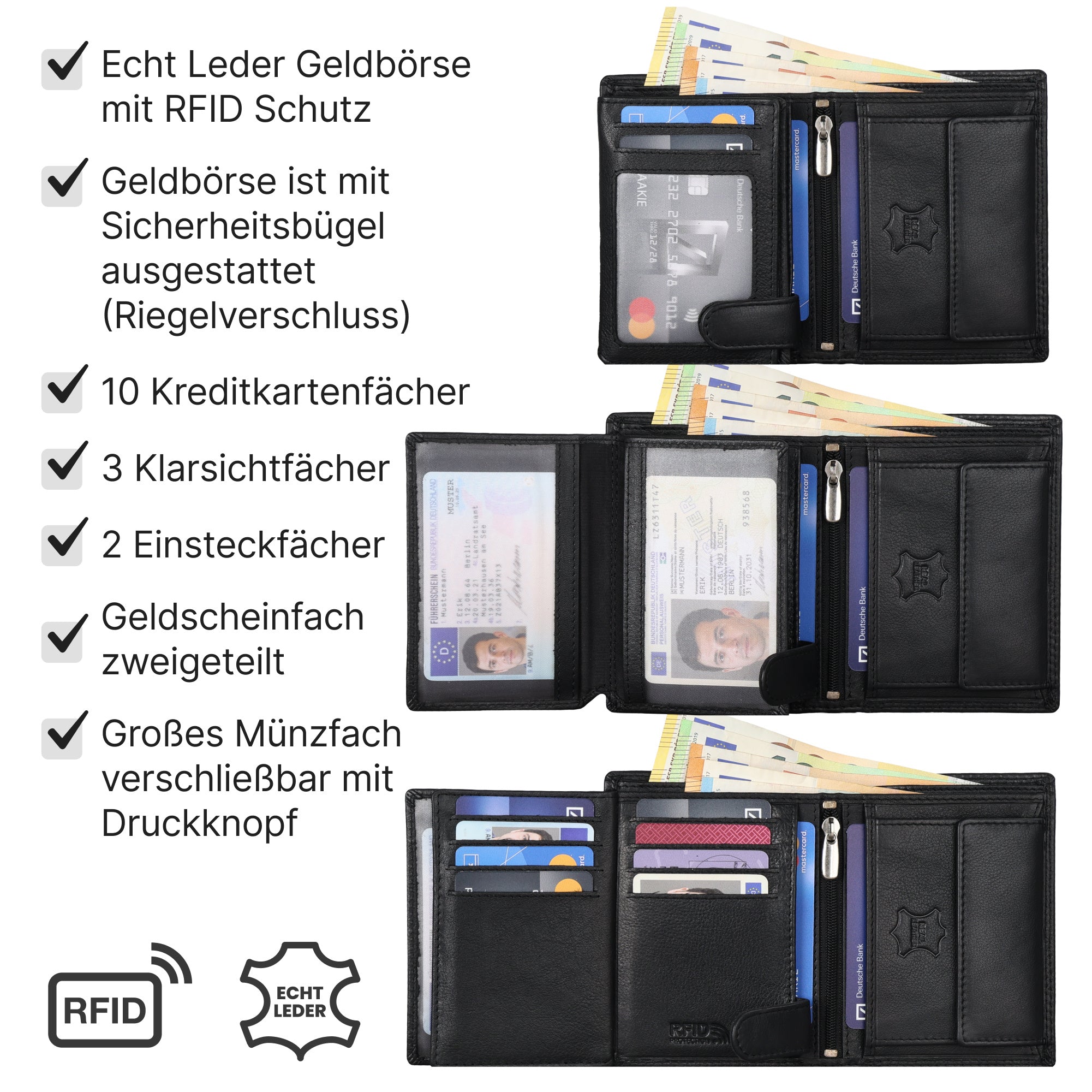 Leder Geldbörse Herren Portemonnaie RFID, 12 x 9,5 x 2 cm für Alltag und Zuhause – Detailansicht 14