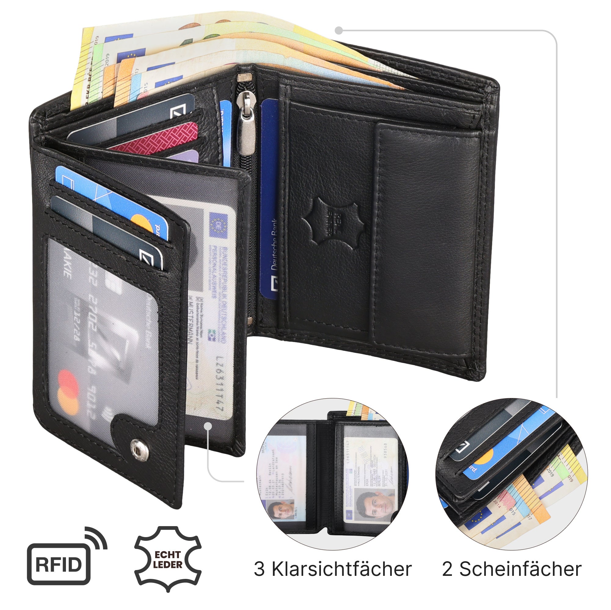 Leder Geldbörse Herren Portemonnaie RFID, 12 x 9,5 x 2 cm für Alltag und Zuhause – Detailansicht 15