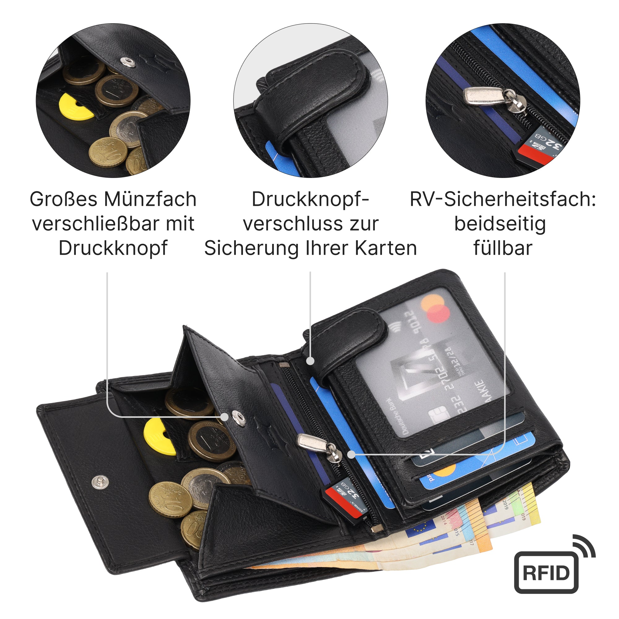 Leder Geldbörse Herren Portemonnaie RFID, 12 x 9,5 x 2 cm für Alltag und Zuhause – Detailansicht 16