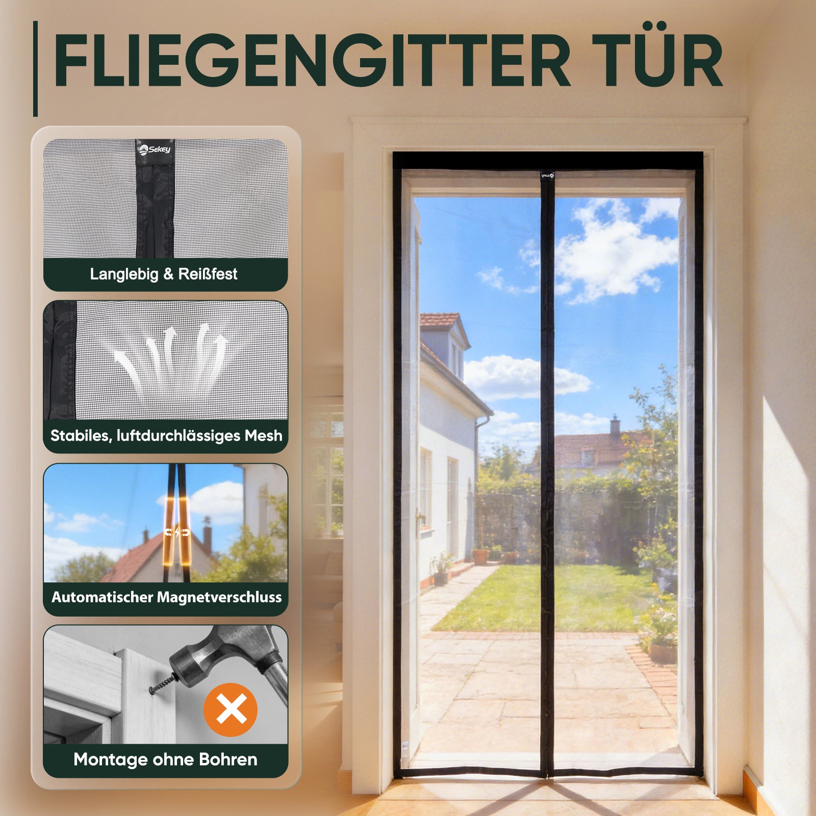 Magnetisches Moskitonetz, Schwarz für Garten und Terrasse – Detailansicht 7