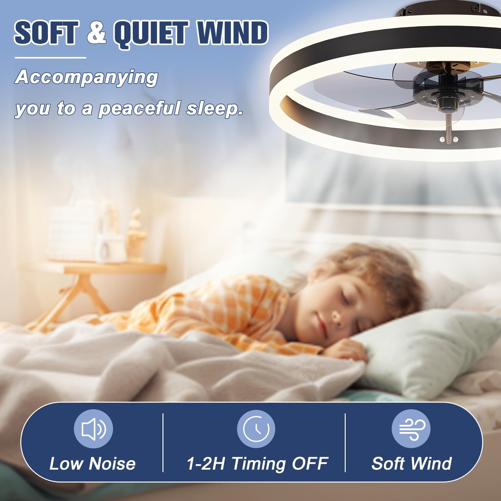 Moderner Deckenventilator, Schwarz für Bett und Schlafzimmer – Detailansicht 4