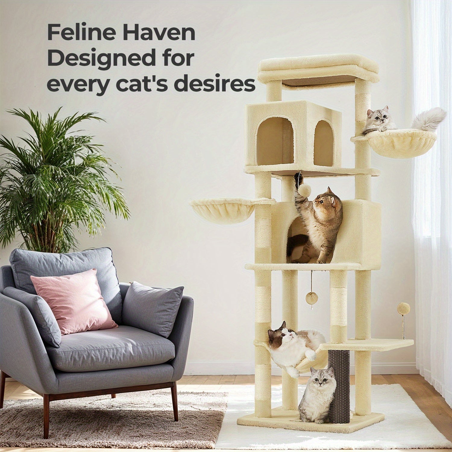 Multi-Level Katzenbaum, Sandbeige für Haustiere und Zuhause – Detailansicht 3