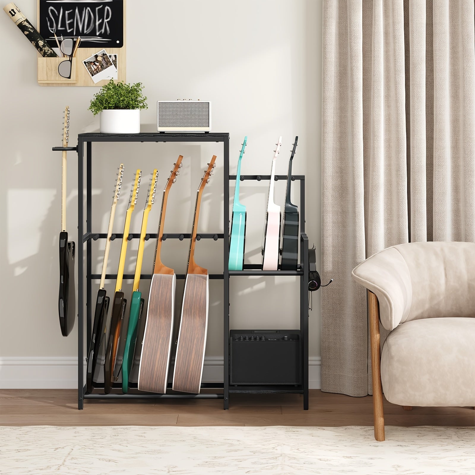 Multifunktionaler Gitarrenständer, Schwarz für Akustikgitarren und Heimstudios – Detailansicht 3