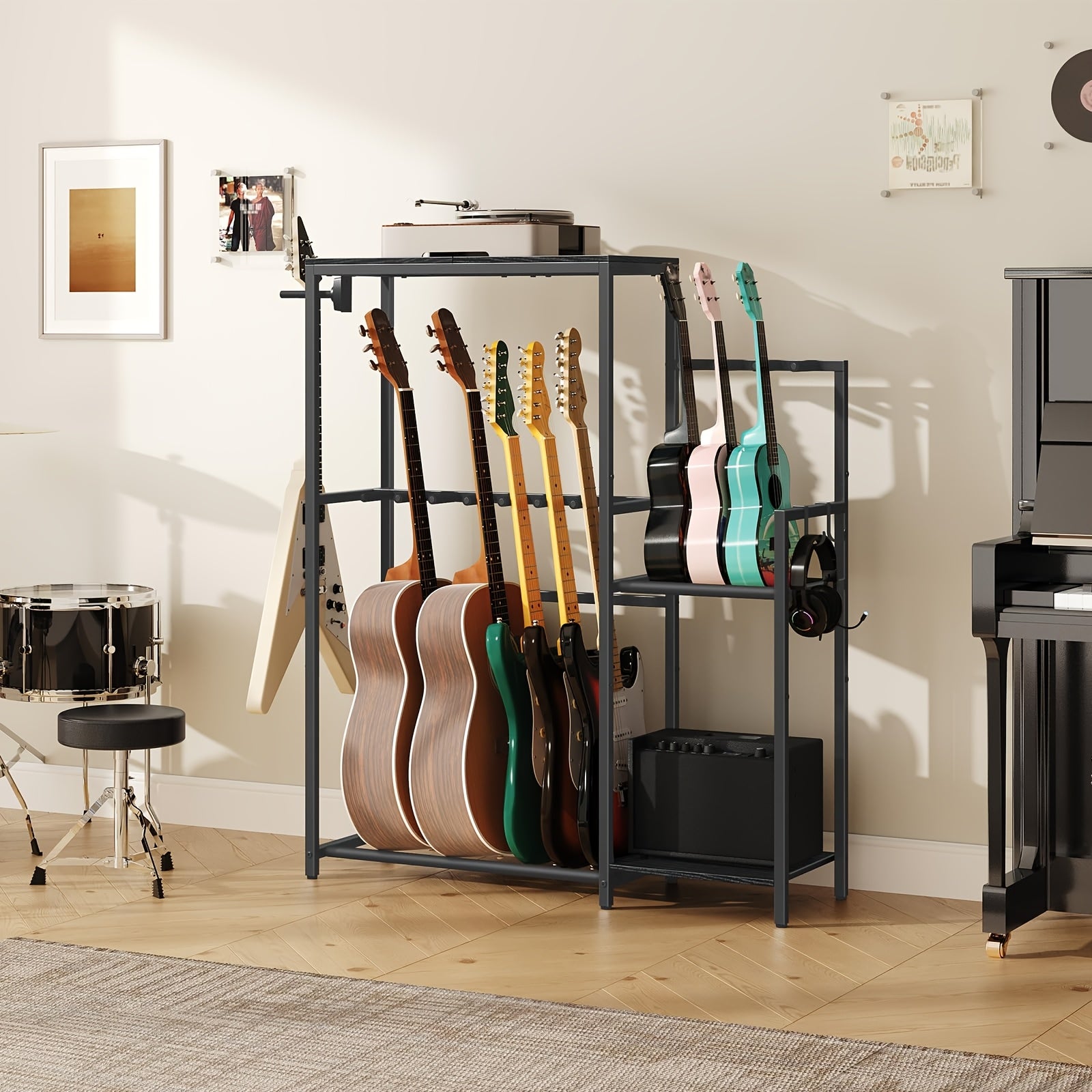Multifunktionaler Gitarrenständer, Schwarz für Akustikgitarren und Heimstudios – Detailansicht 4