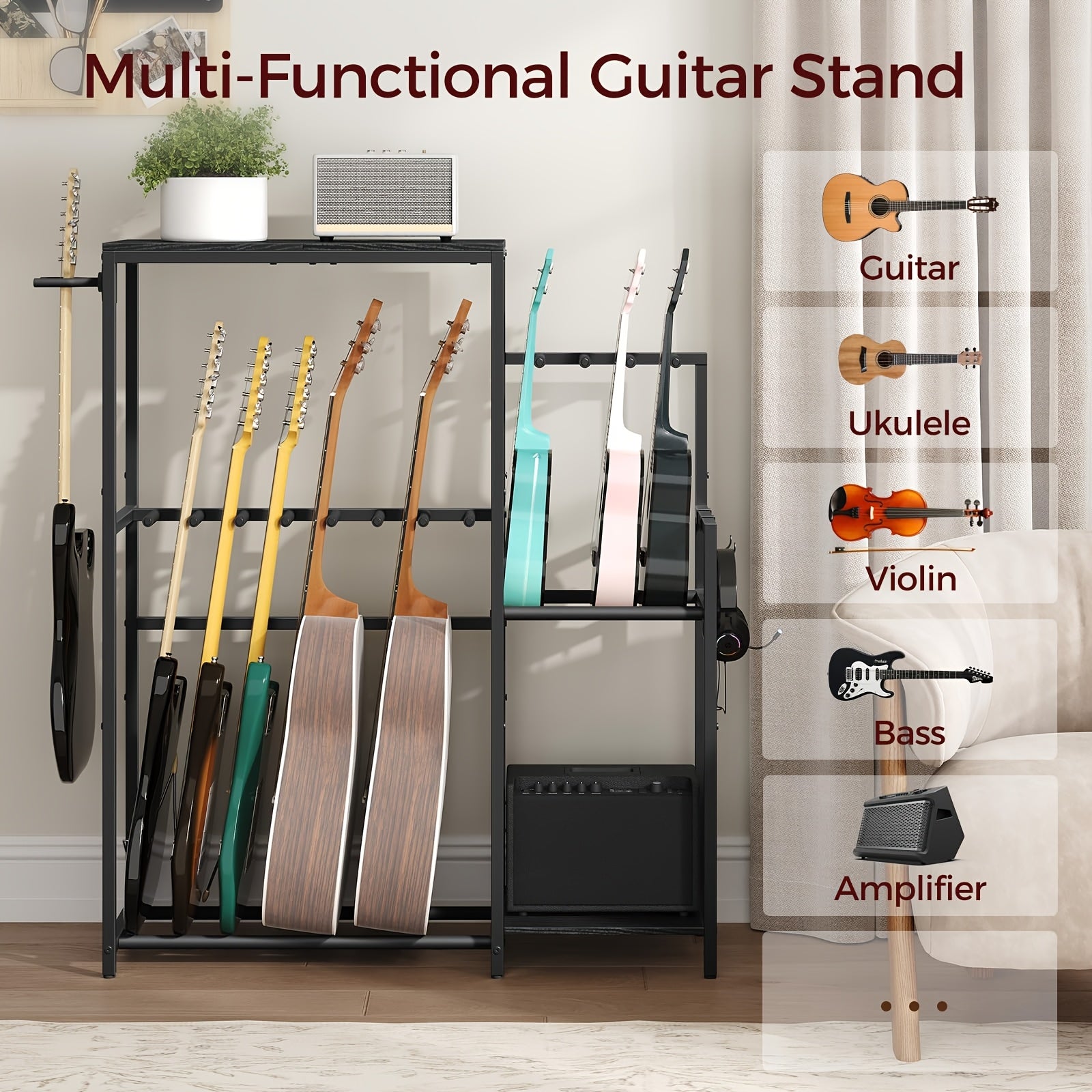 Multifunktionaler Gitarrenständer, Schwarz für Akustikgitarren und Heimstudios – Detailansicht 8