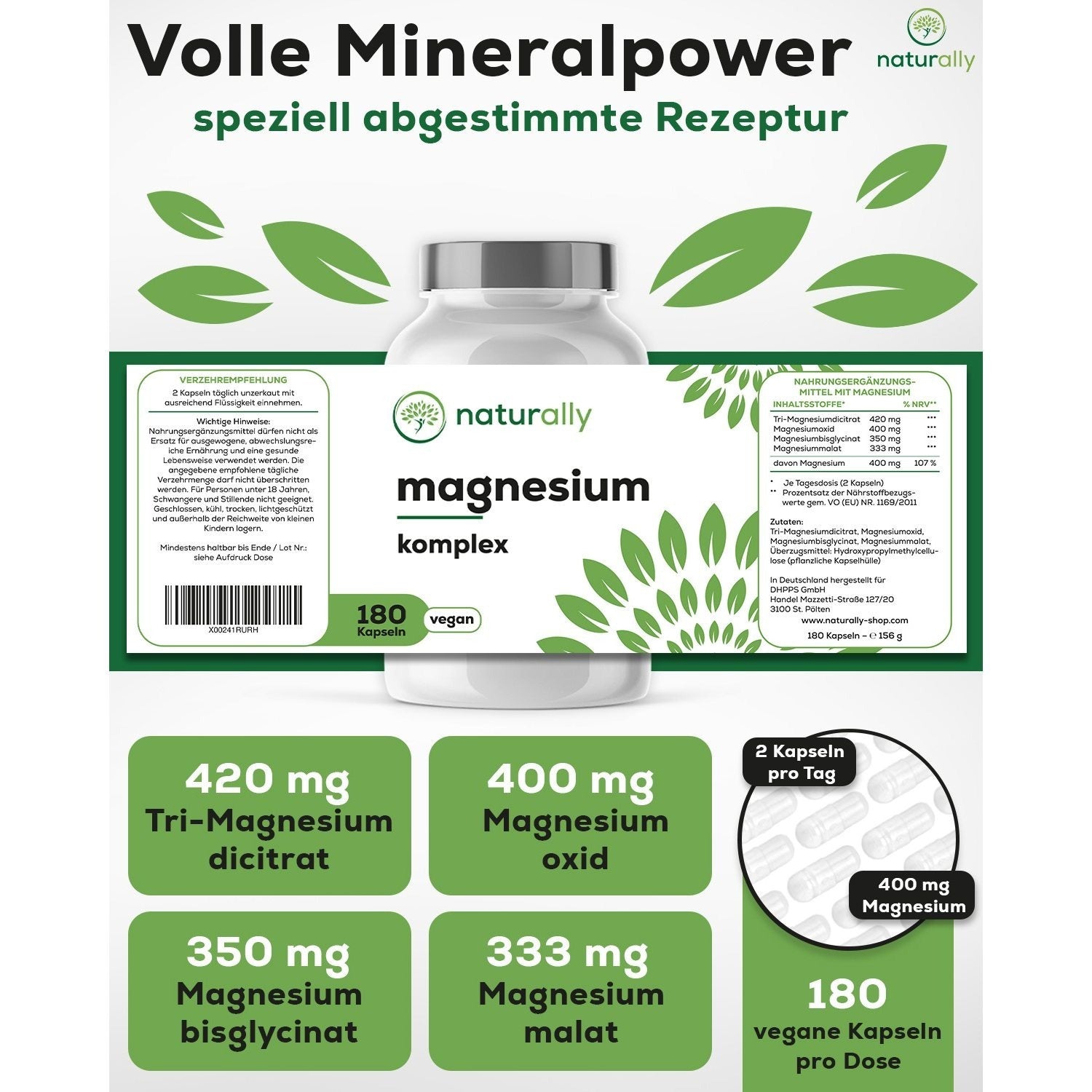 Nahrungsergänzungsmittel, Magnesium Komplex hochdosiert [180 Kapseln] 400mg für Pflege zu Hause und Alltag – Detailansicht 4