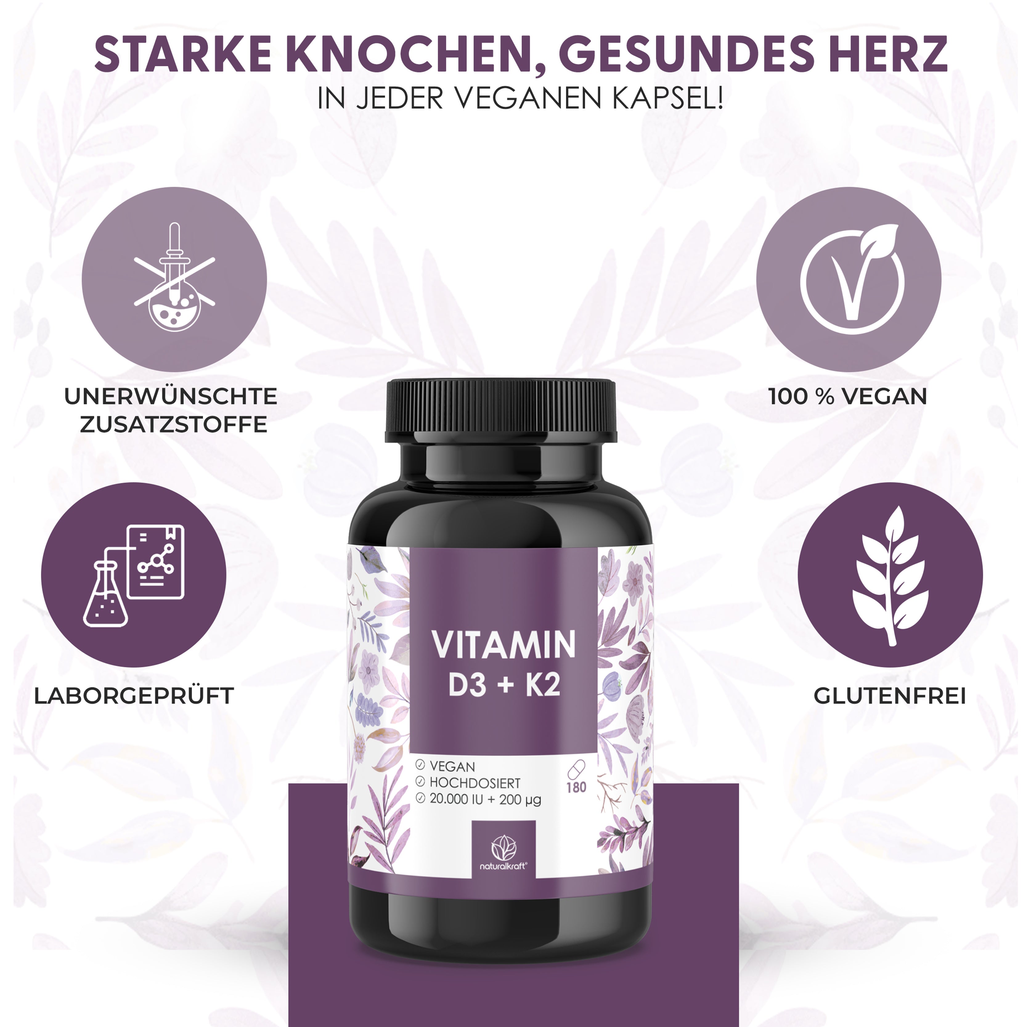 Nahrungsergänzungsmittel, NATURALKRAFT® Premium Vitamin D3 + K2 für Pflege zu Hause und Alltag – Detailansicht 2