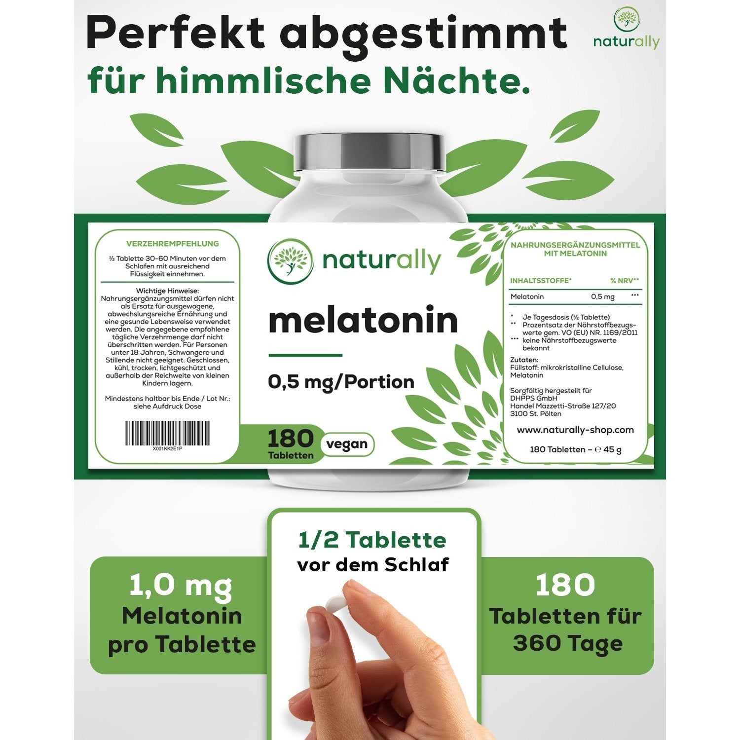 Nahrungsergänzungsmittel, naturally Melatonin Tabletten [180 vegane für Pflege zu Hause und Alltag – Detailansicht 3