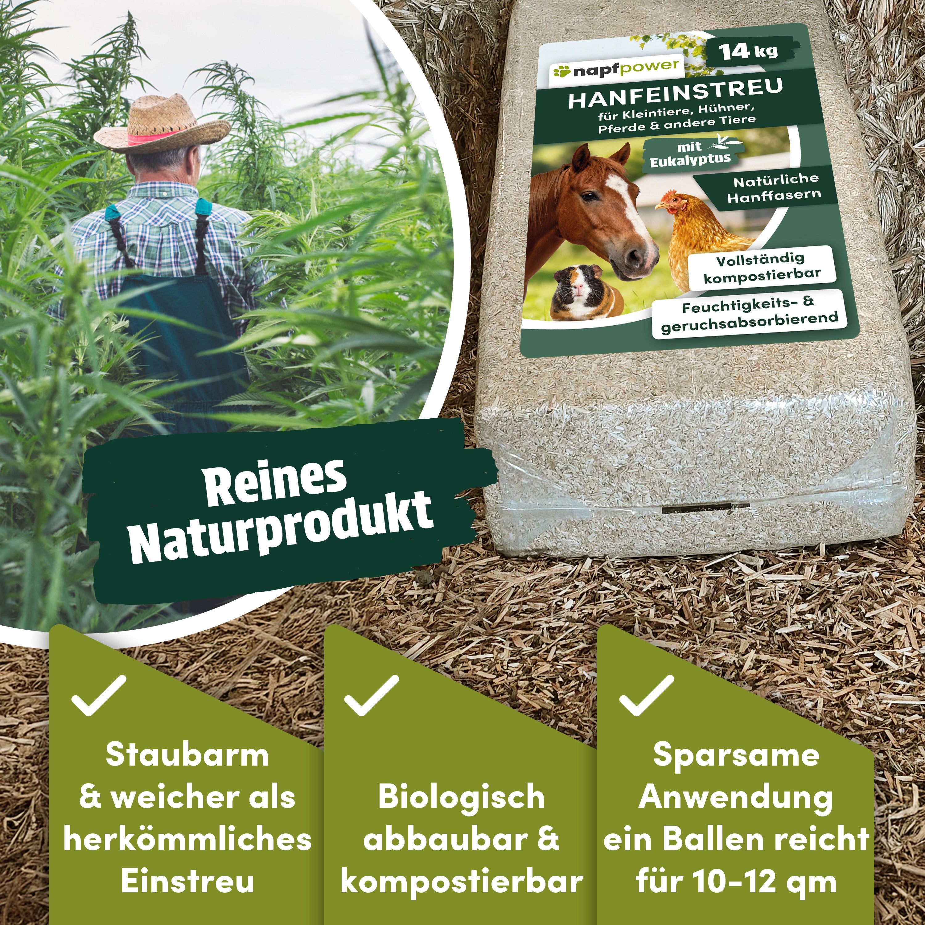 napfpower® Hanfeinstreu, 14 kg für Hühner und Kleintiere – Detailansicht 11