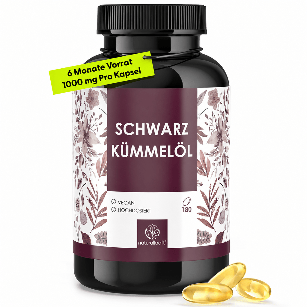 NATURALKRAFT® Premium Schwarzkümmelöl Kapseln, 180 Vegane Kapseln für 6 Monate für 6 Monate und Alltag – Hauptansicht