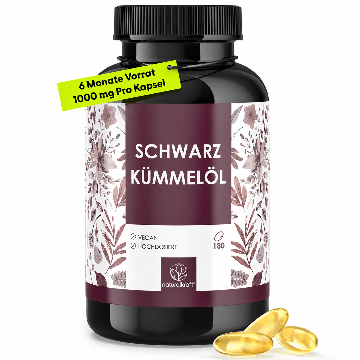 NATURALKRAFT® Premium Schwarzkümmelöl Kapseln, 180 Vegane Kapseln für 6 Monate für 6 Monate und Alltag – Hauptansicht