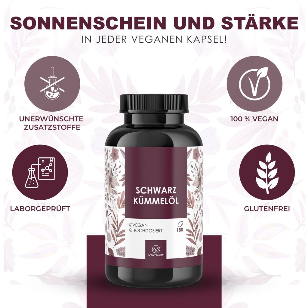 NATURALKRAFT® Premium Schwarzkümmelöl Kapseln, 180 Vegane Kapseln für 6 Monate für 6 Monate und Alltag – Detailansicht 2