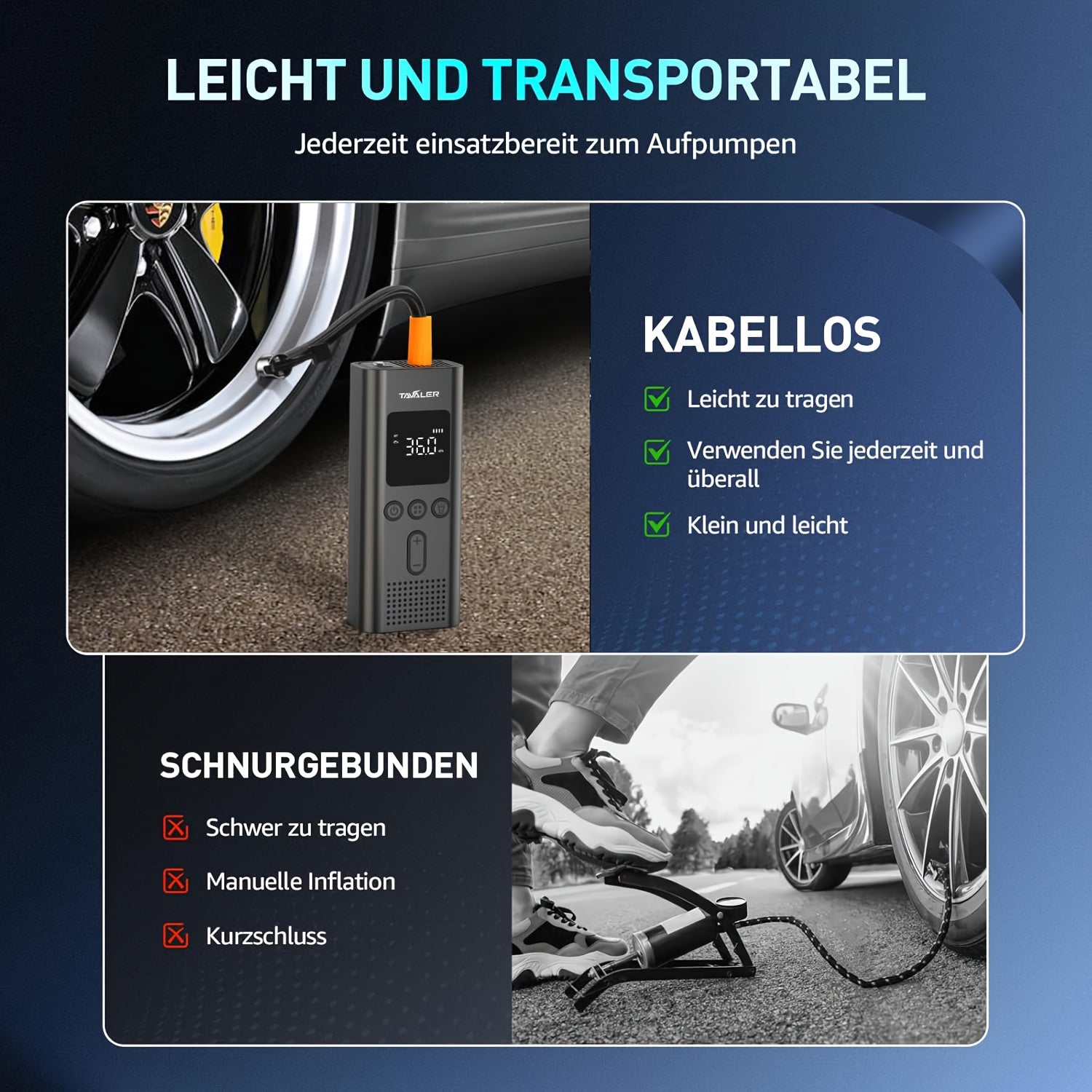Neuer Voreinstellbarer Luftdruck-Reifenfüller, LED-Beleuchtung für Fahrzeug und unterwegs – Detailansicht 4