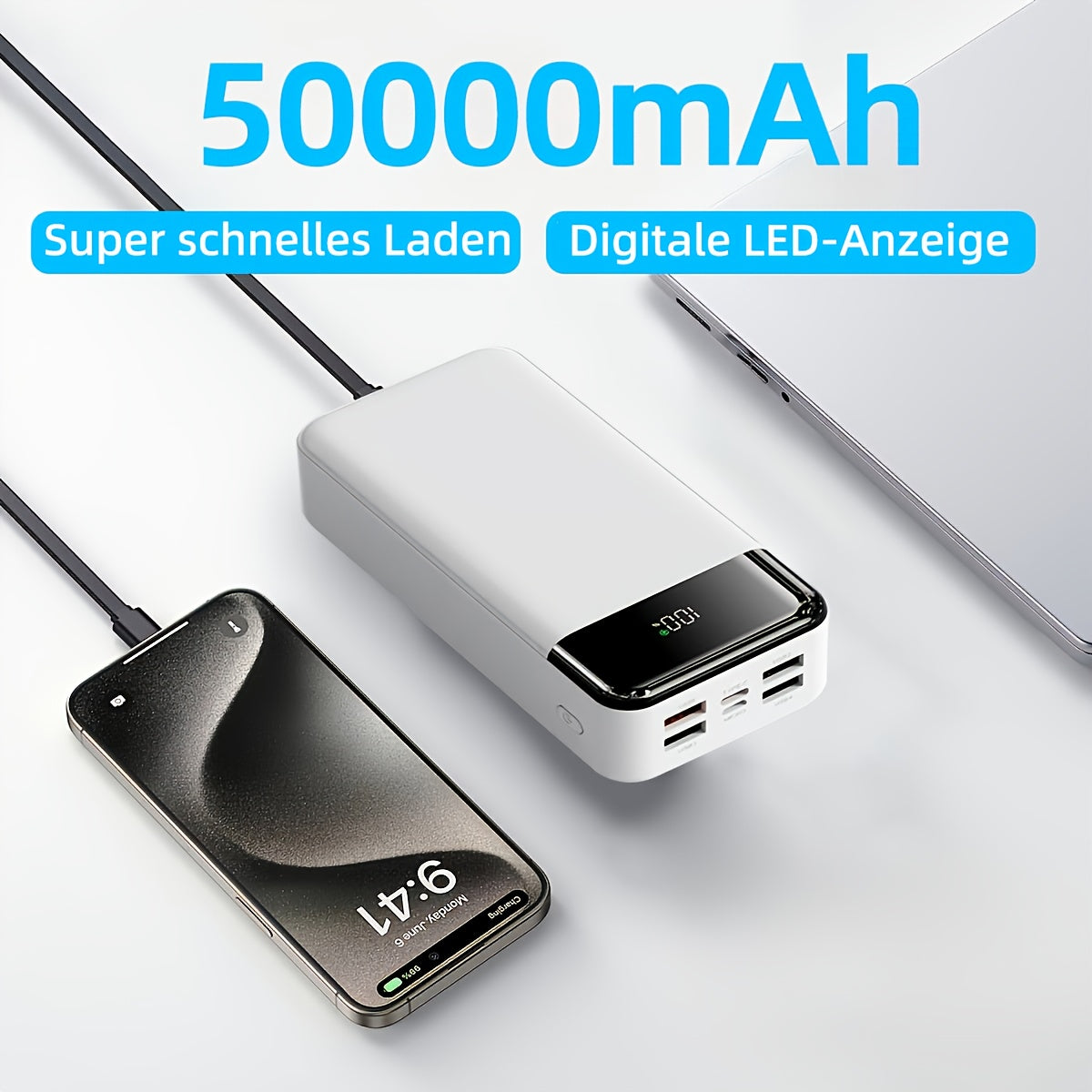 Powerbank, LED-Beleuchtung für Schnelles Laden von iPhone und Android-Geräten – Detailansicht 3