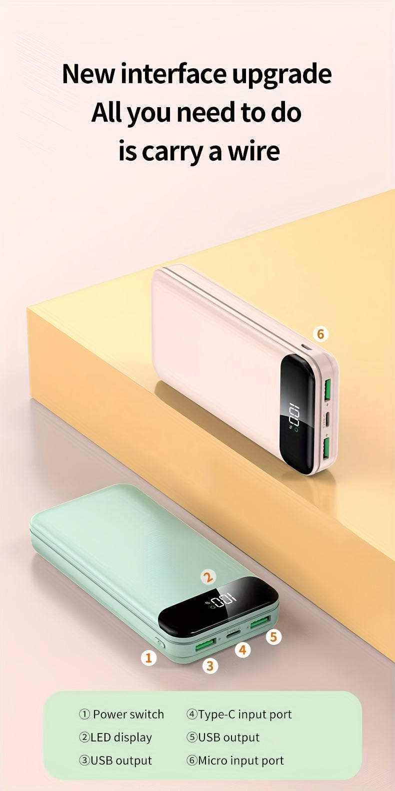 Powerbank, LED-Beleuchtung für Stromverbrauch und Schnellladung von Mobiltelefonen – Detailansicht 6