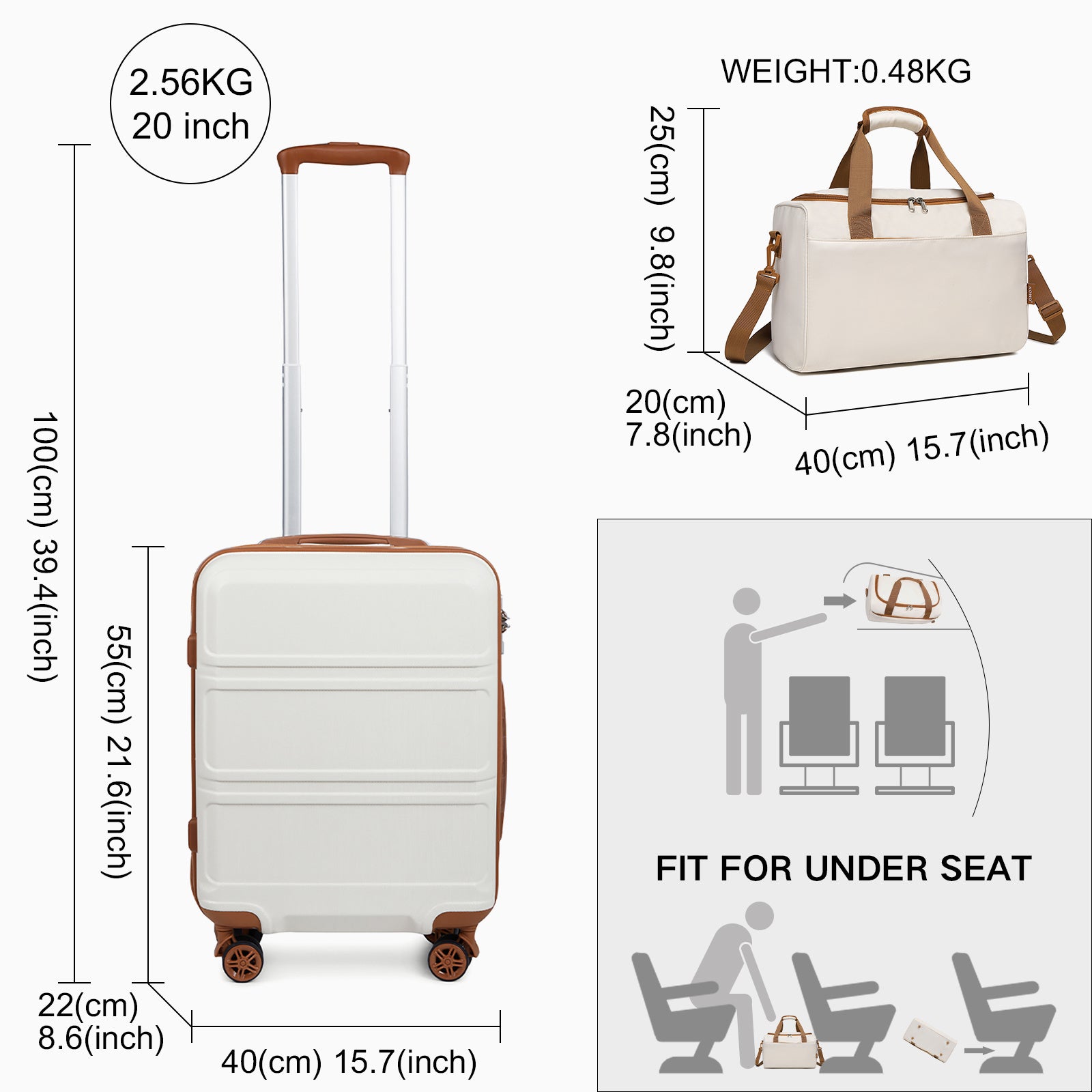 Reisekoffer, 2 Stk. Cremeweißer 20-Zoll-Koffer + Reisetasche für Alltag und Camping – Detailansicht 27