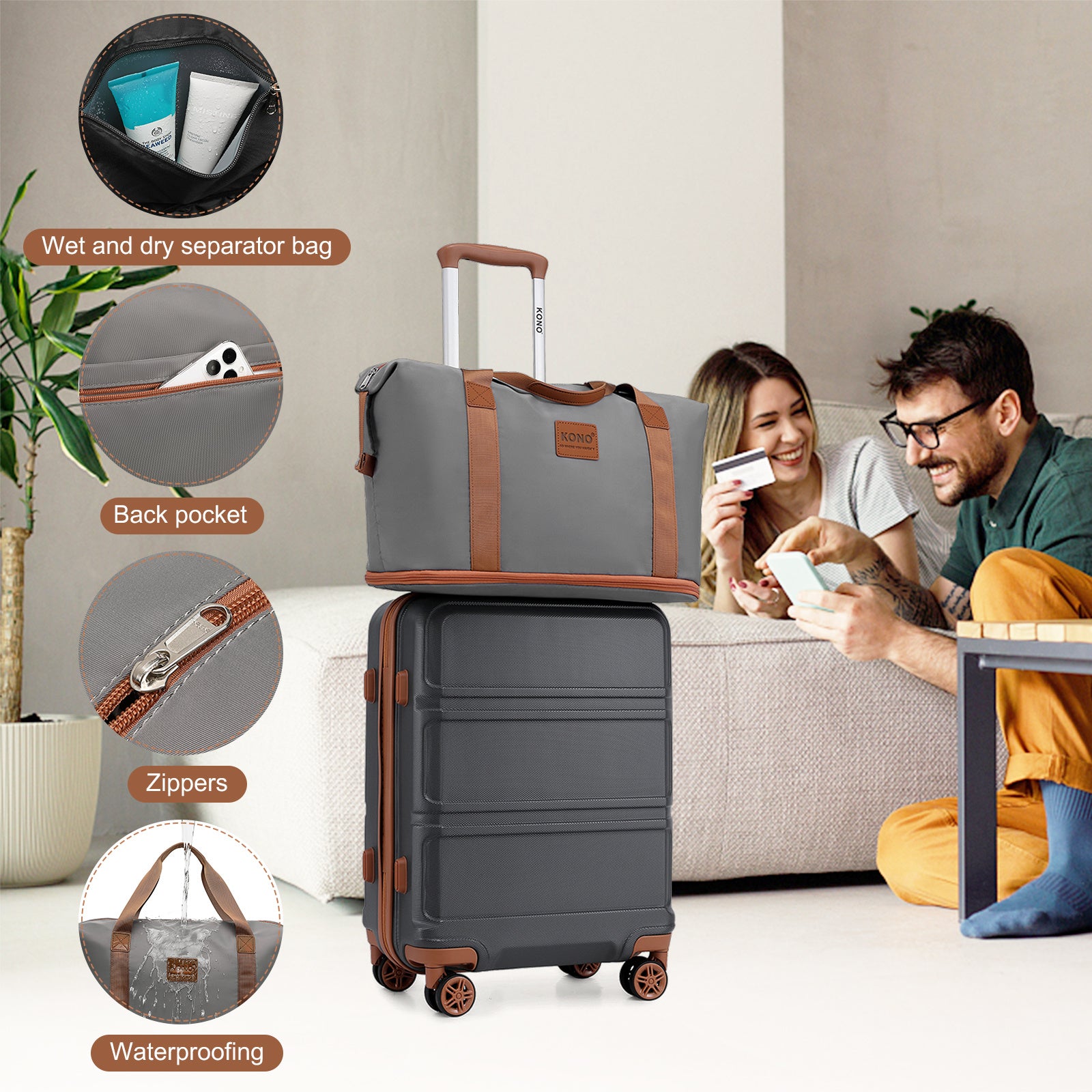Reisekoffer, 2 Stk. Cremeweißer 20-Zoll-Koffer + Reisetasche für Alltag und Camping – Detailansicht 75