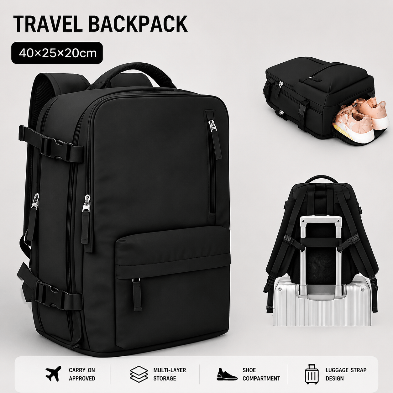 Reisekoffer, Handgepäck-Rucksack mit lokalem Stauraum (40x20x25 für Alltag – Hauptansicht